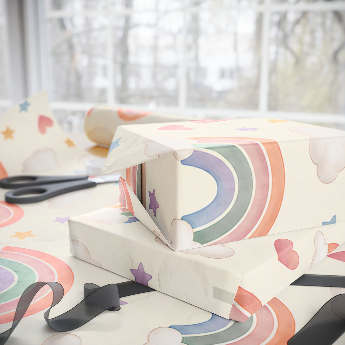 Wrapping Paper Roll — Pastel Rainbow & Cloud Gift Wrap (Neutral Baby Shower, Birthday, Nursery)