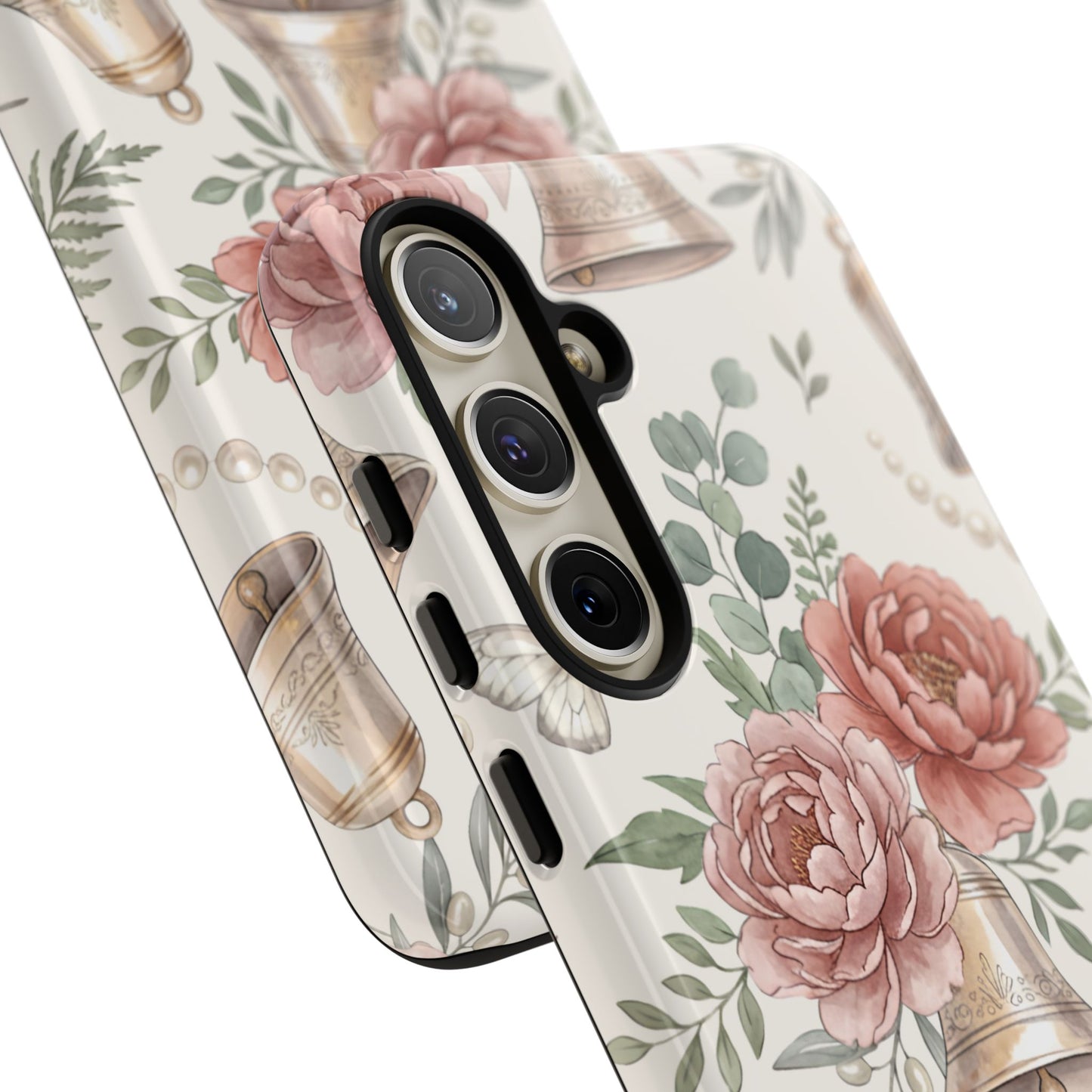Floral Wedding Bells Phone Case — Vintage Roses, Butterflies & Bow Protective Tough Case