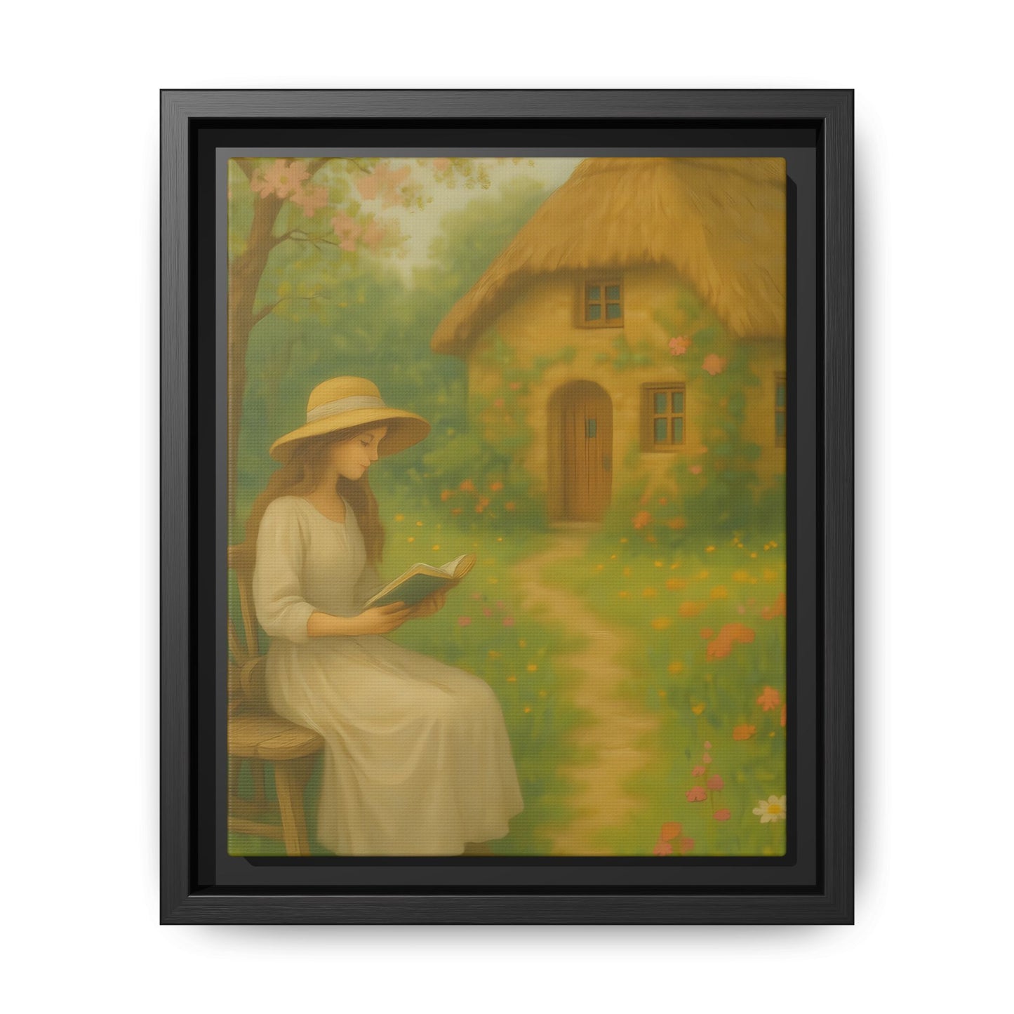 Cottage Garden Reader – Framed Matte Canvas Wall Art of Woman Reading by a Thatched Cottage