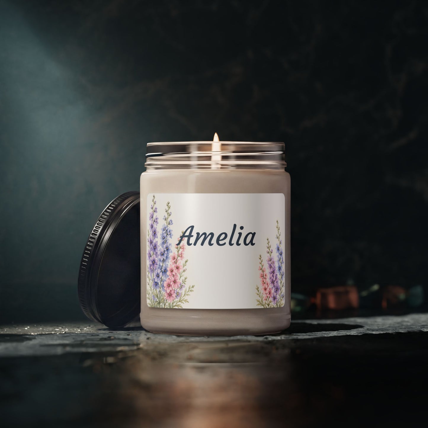Personalized Lavender Floral Soy Candle — 9oz Scented Jar (Name: Amelia)