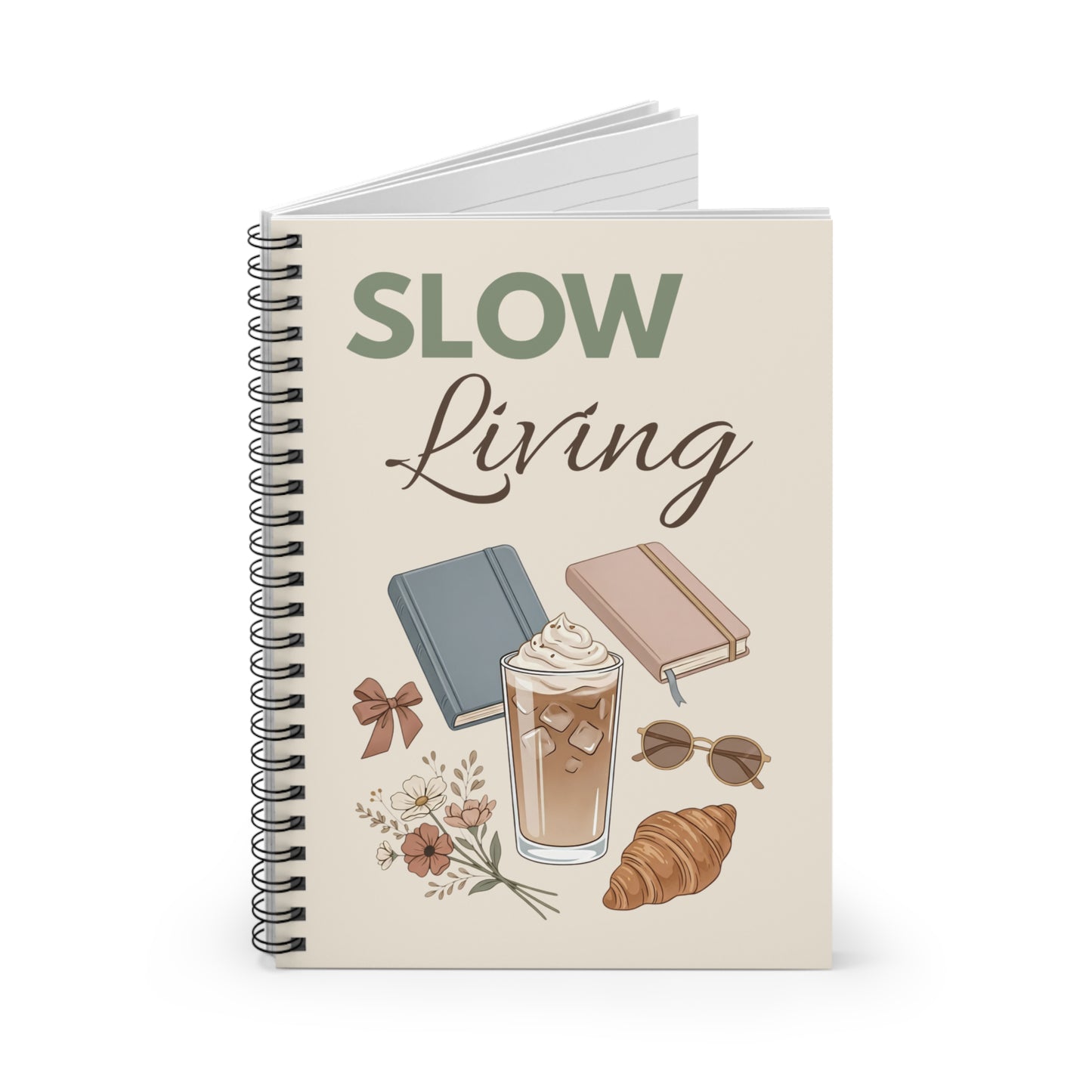 Slow Living Notebook — Ruled Spiral Journal with Cozy Coffee & Books Design