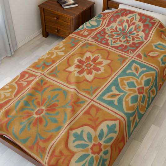 Spanish Tile Pattern Velveteen Plush Blanket – Warm Earth Tones