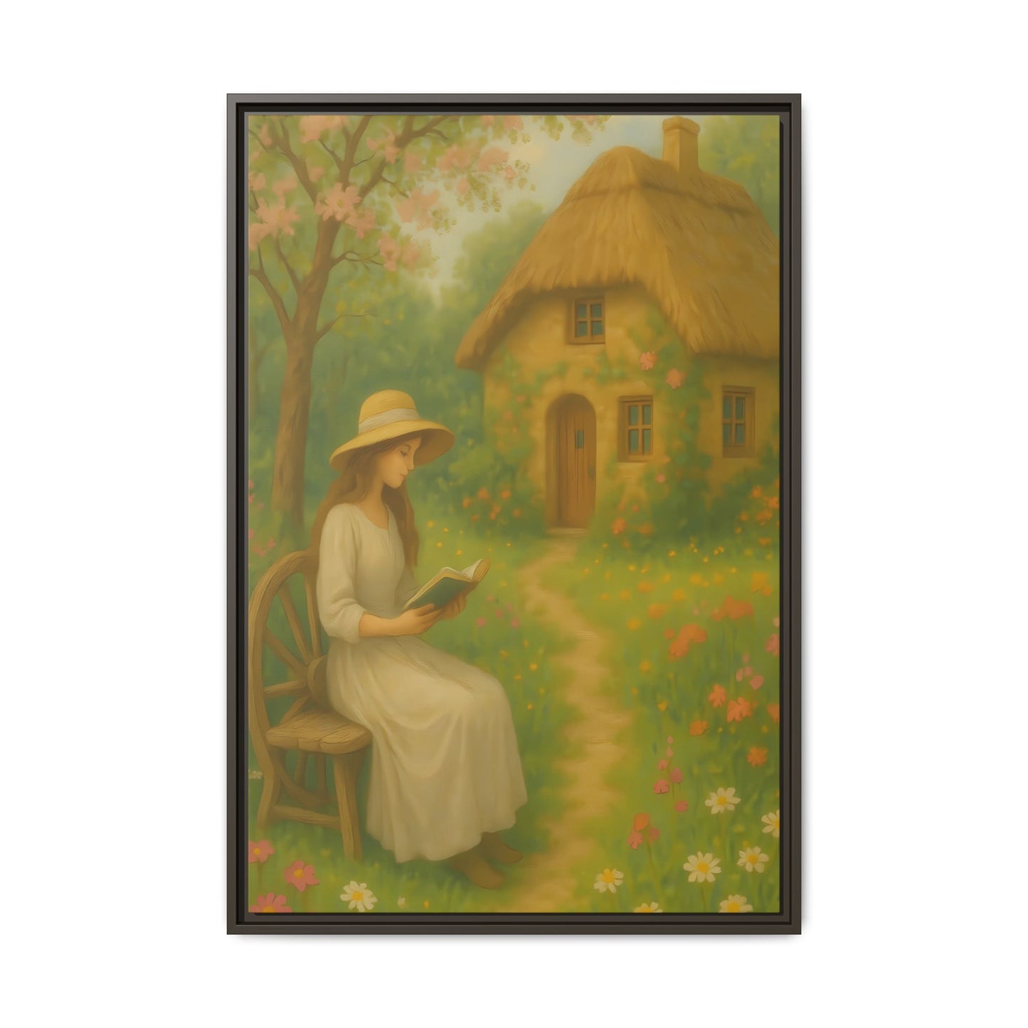 Cottage Garden Reader – Framed Matte Canvas Wall Art of Woman Reading by a Thatched Cottage