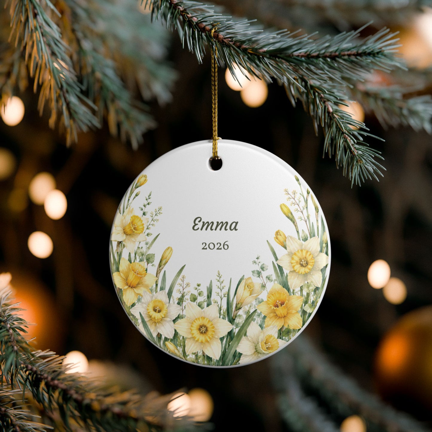 Personalized Daffodil Ceramic Ornament – Name & Year Keepsake (e.g., Emma 2026)