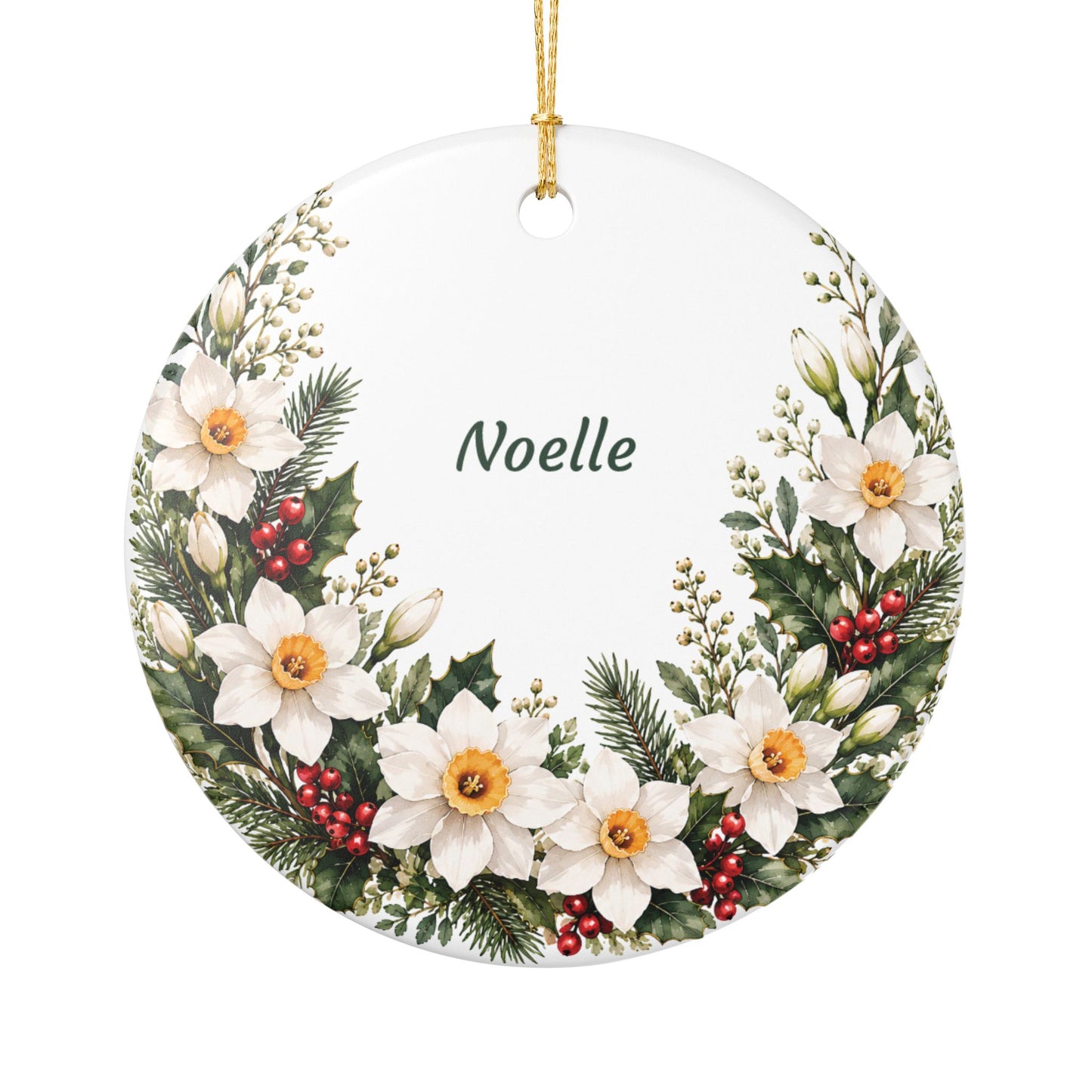 Personalized Ceramic Ornament — White Poinsettia & Berry Holiday Decoration