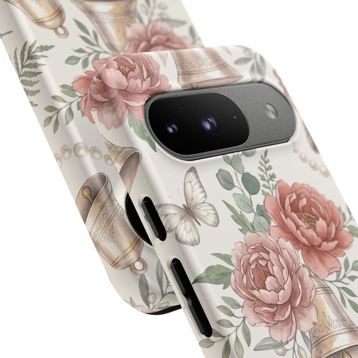 Floral Wedding Bells Phone Case — Vintage Roses, Butterflies & Bow Protective Tough Case