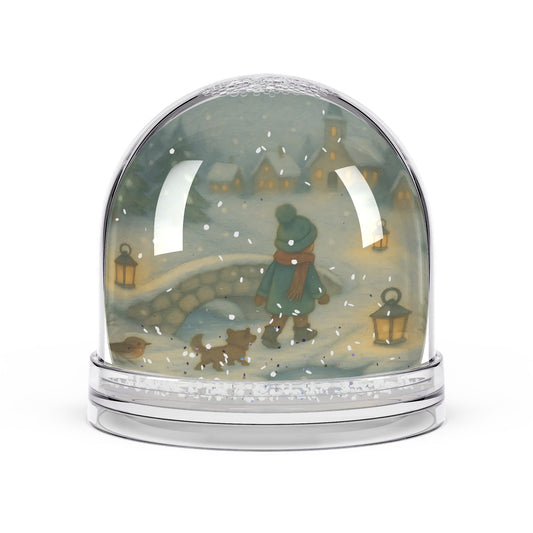 Winter Village Walk Snow Globe – Child with Pets on Lantern-Lit Bridge Scene