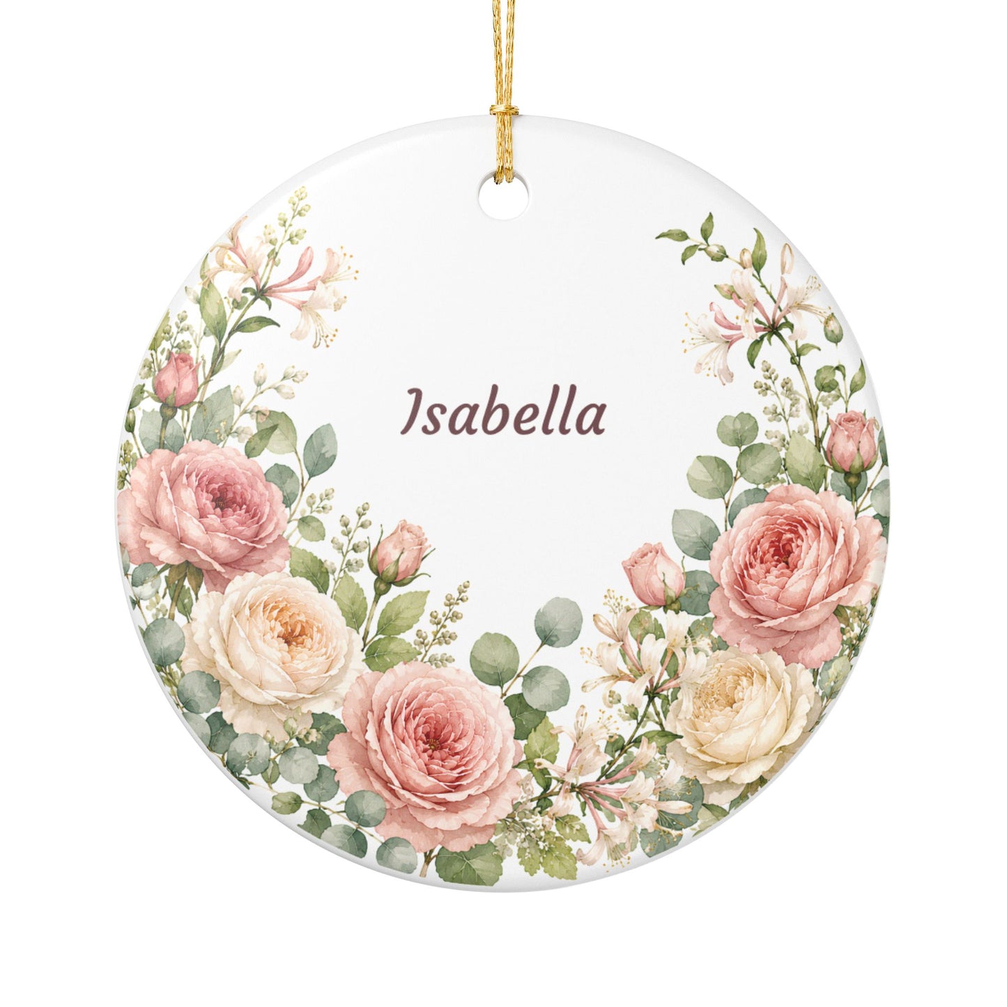 Personalized Floral Ceramic Ornament — Custom Name Rose Wreath Decoration