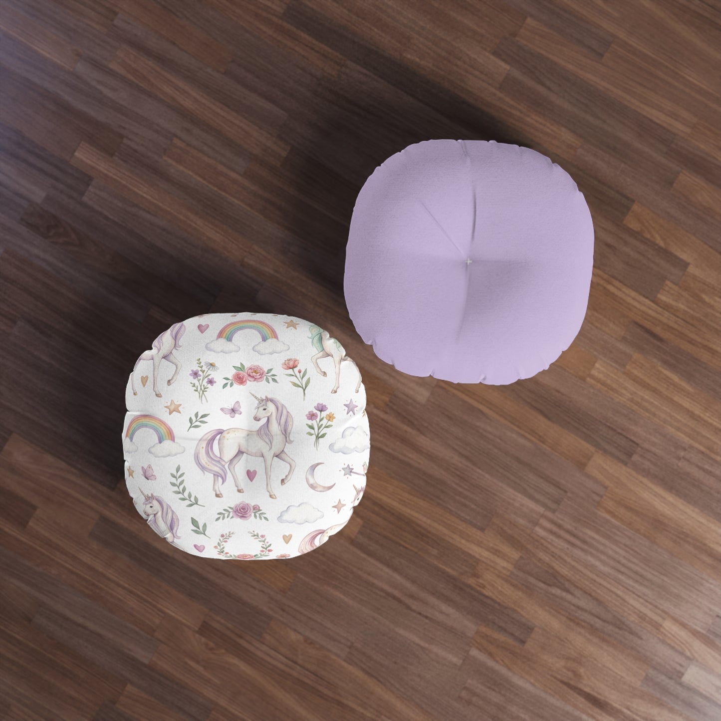 Round Tufted Floor Pillow — Pastel Unicorn & Rainbow Kids Cushion