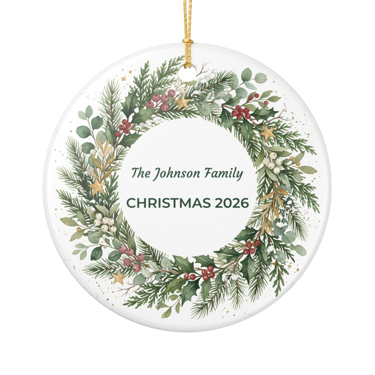 Personalized Christmas Wreath Ceramic Ornament - 'The Johnson Family CHRISTMAS'