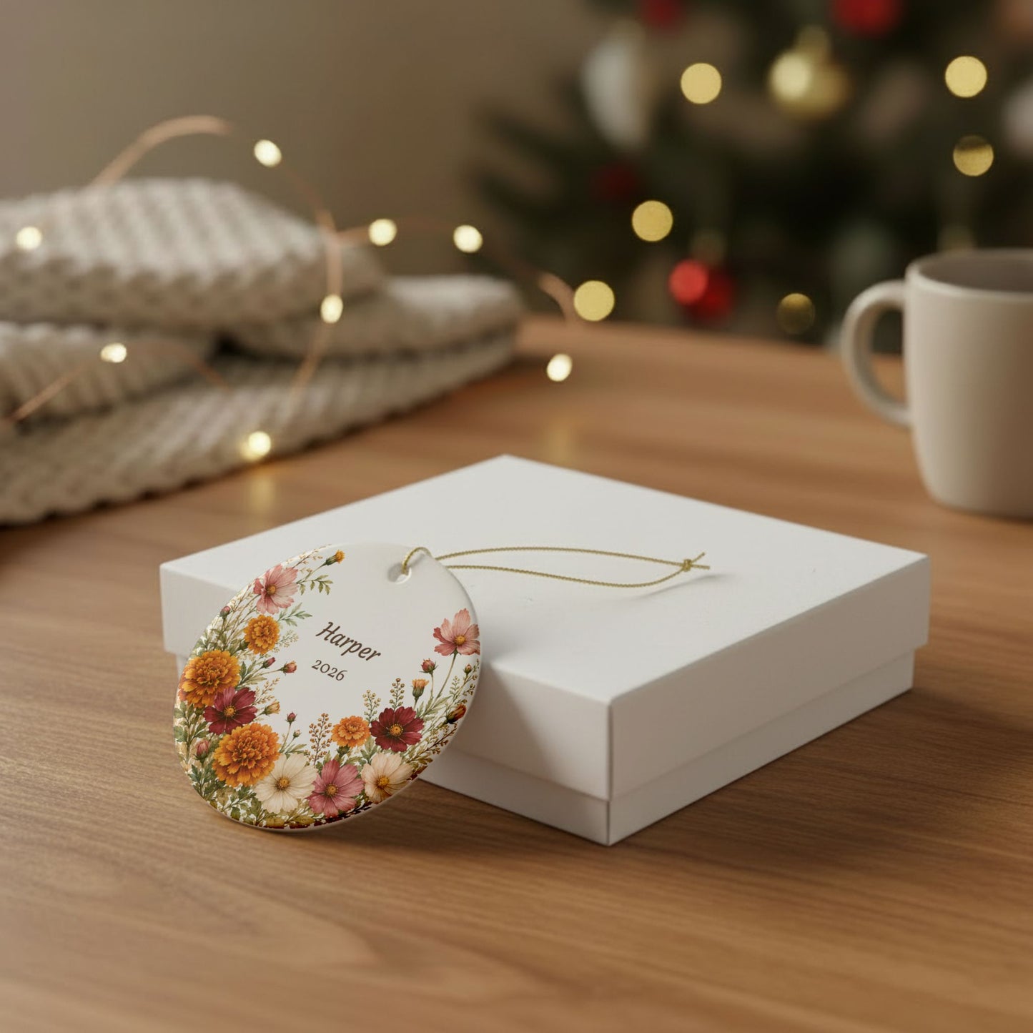 Personalized Floral Ceramic Ornament – Custom Name & Year (Autumn Bouquet)