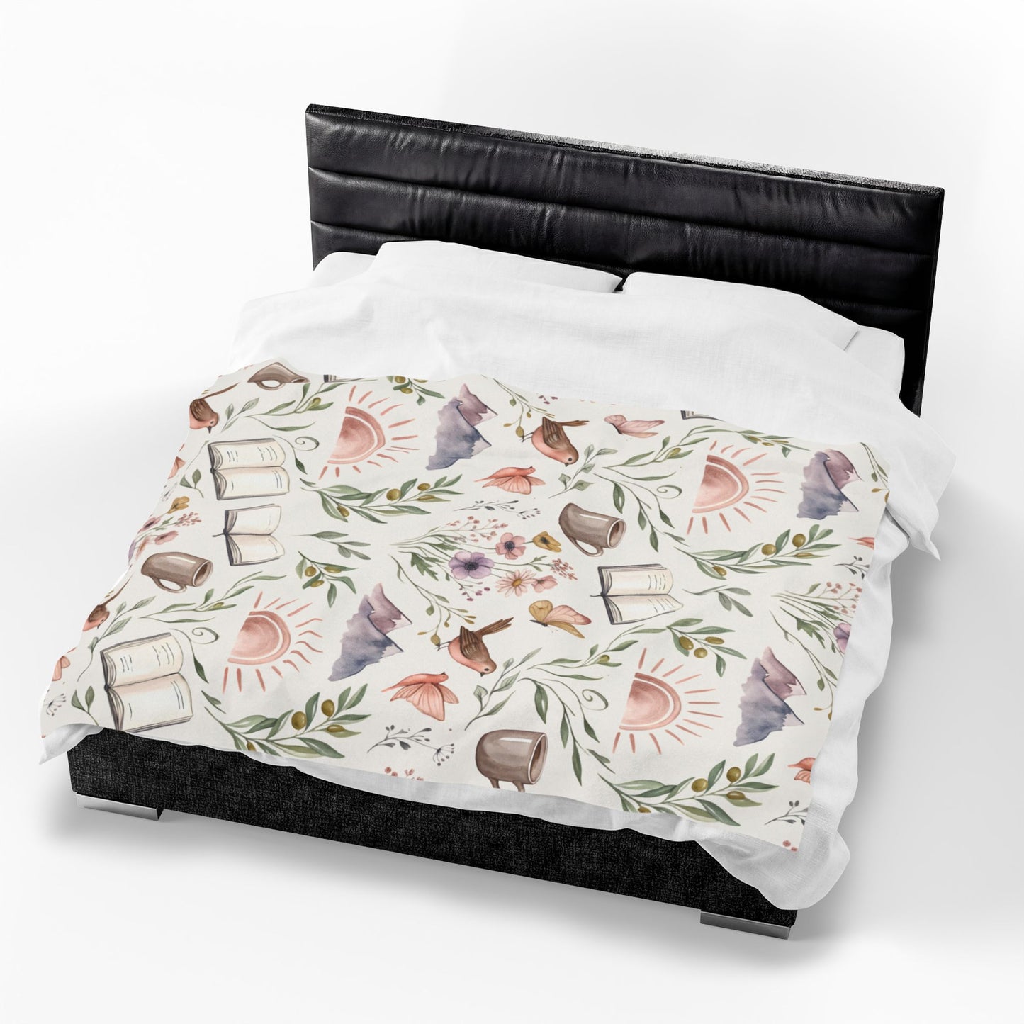 Cozy Bookish Floral Velvet Plush Blanket — Sun, Mountains & Tea Pattern