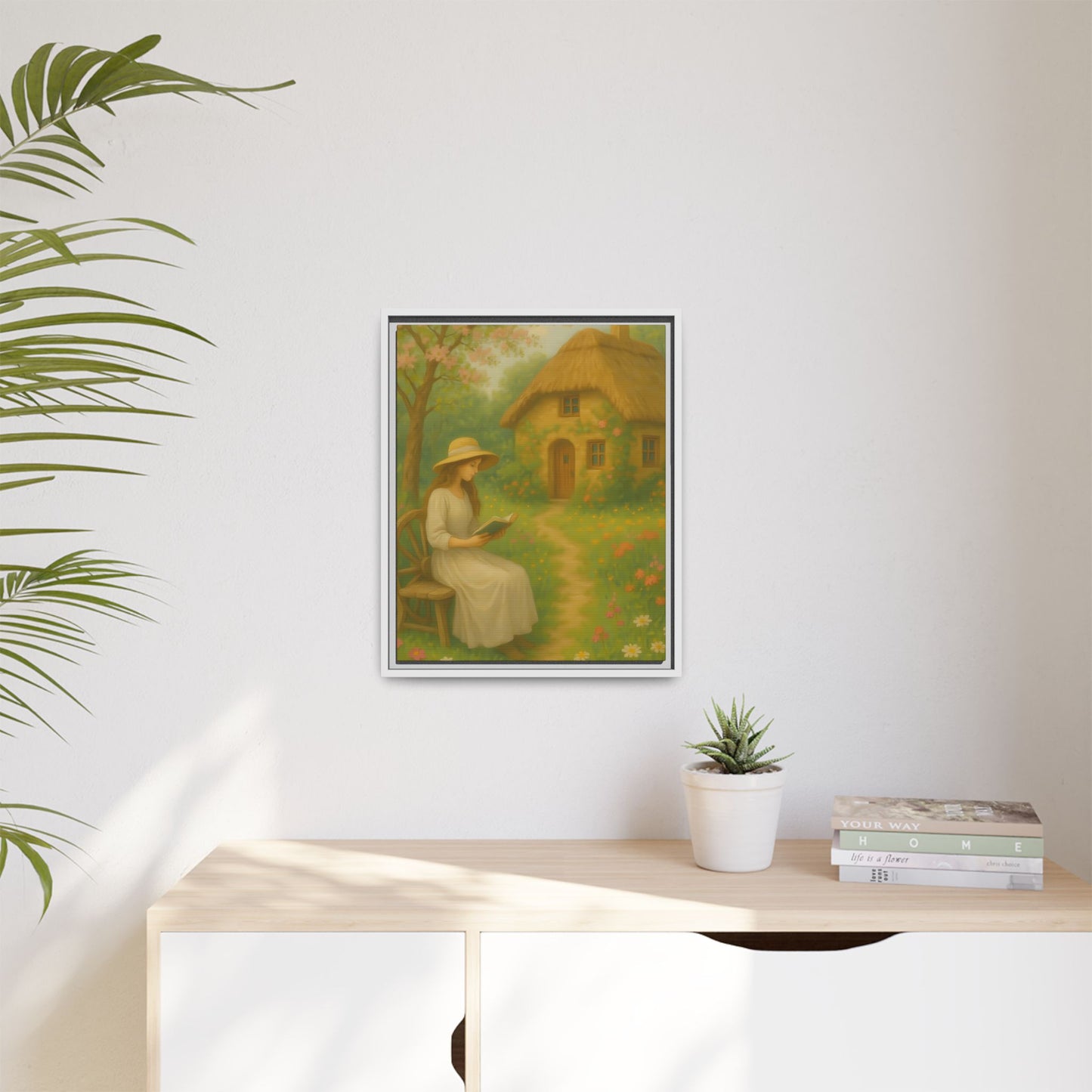 Cottage Garden Reader – Framed Matte Canvas Wall Art of Woman Reading by a Thatched Cottage