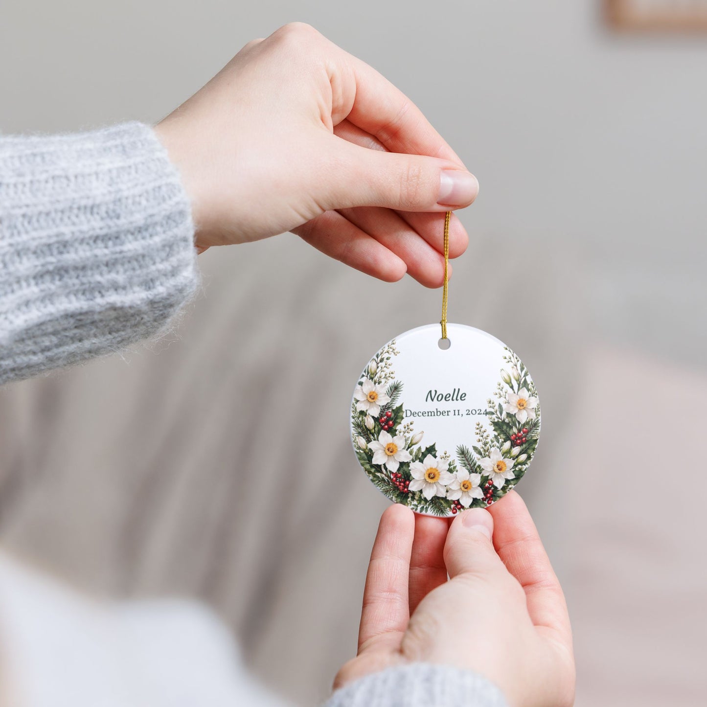 Personalized Ceramic Holiday Ornament — Floral Wreath with Name & Date