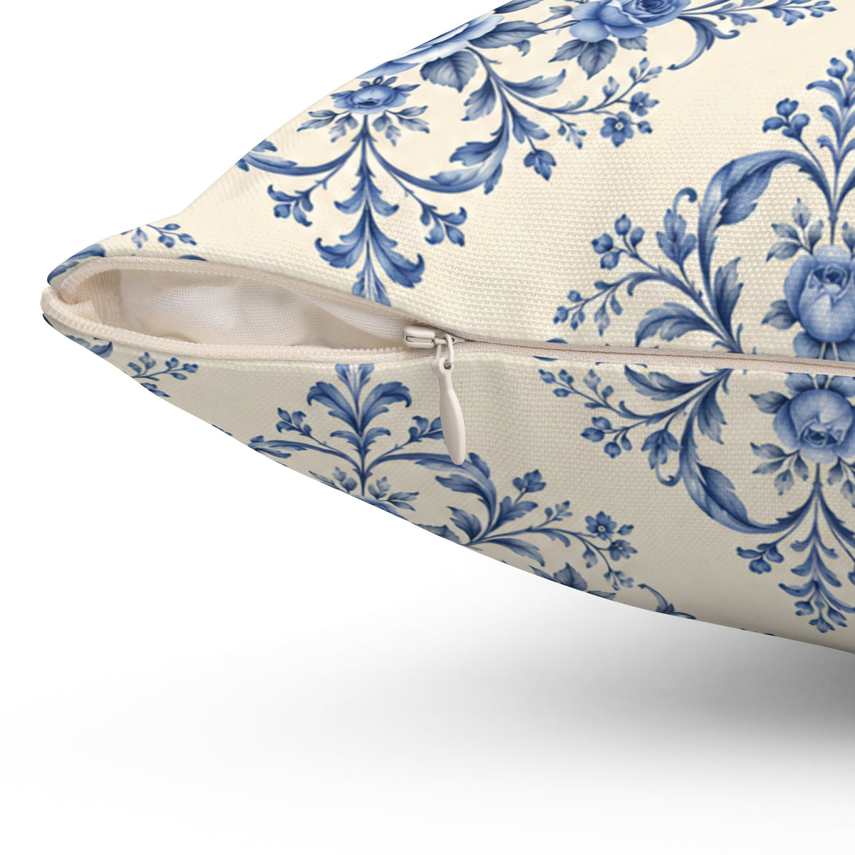 Blue Delft Floral Throw Pillow — Vintage Damask Square Accent Pillow