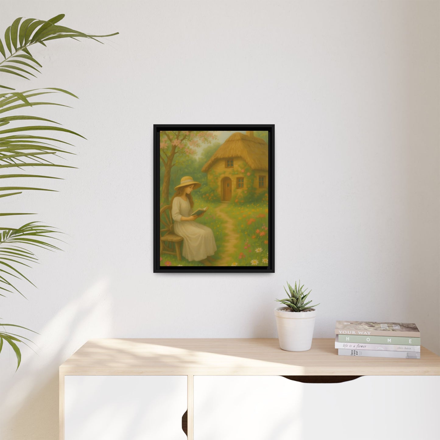 Cottage Garden Reader – Framed Matte Canvas Wall Art of Woman Reading by a Thatched Cottage