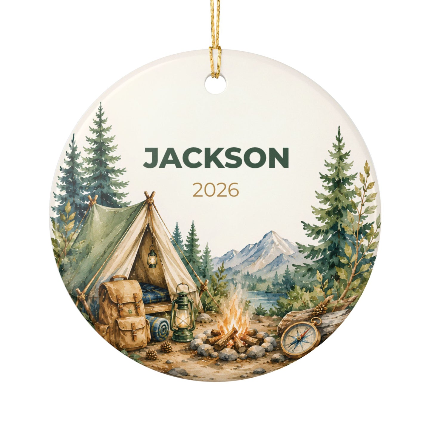 Personalized Camping Ceramic Ornament – Custom Name & Year (e.g., Jackson 2026)