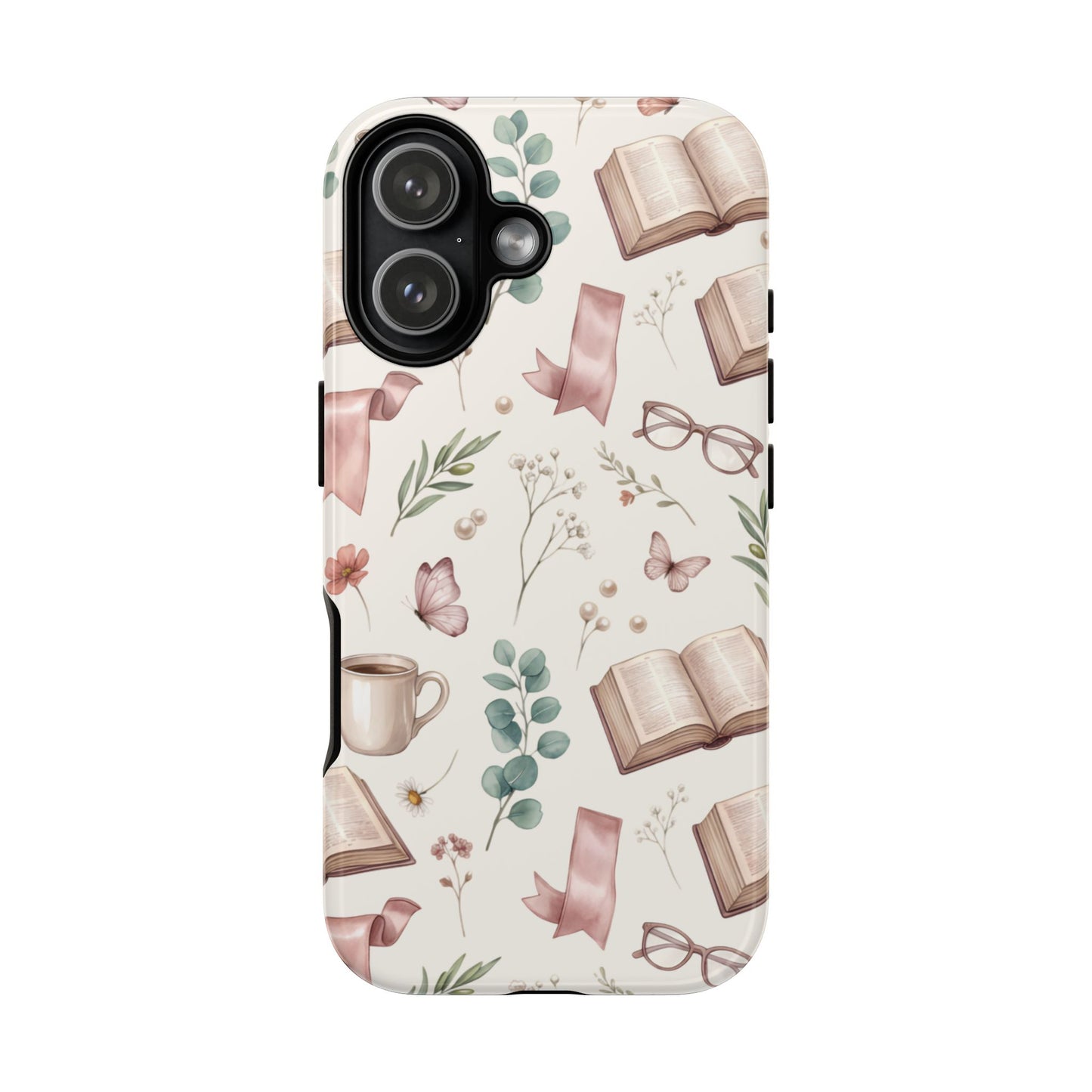 Bookish Floral Phone Case — Cozy Reading Pattern with Open Books, Glasses & Coffee