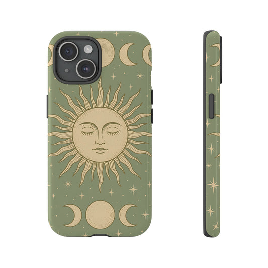 Boho Sun and Moon Phone Case – Protective Aesthetic Case with Wireless Charging Compatibility