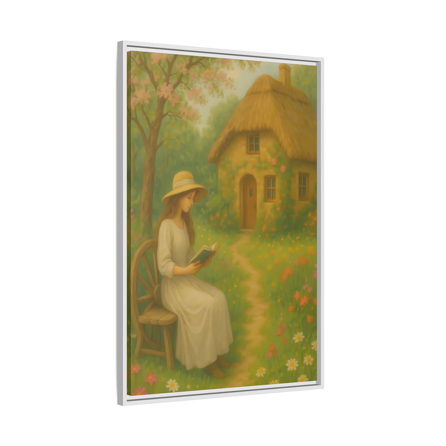 Cottage Garden Reader – Framed Matte Canvas Wall Art of Woman Reading by a Thatched Cottage