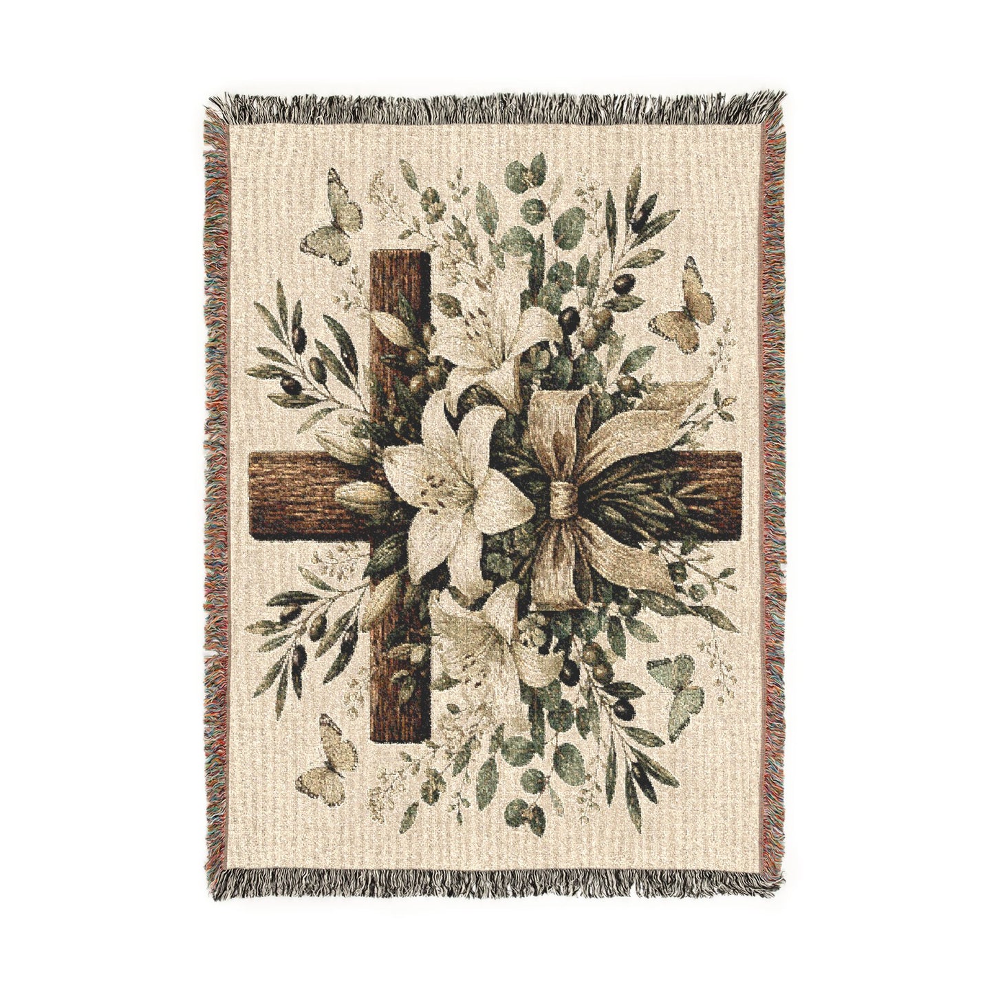 Woven Blanket — Floral Cross Tapestry Throw (Easter / Religious Home Décor)