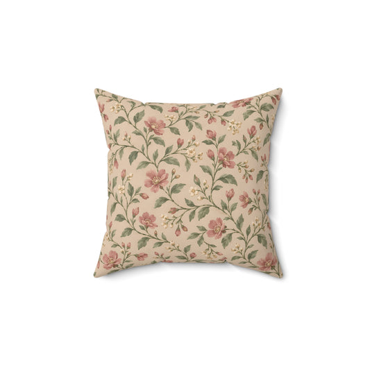Floral Vine Square Pillow — Vintage Pink Rose Decorative Throw Pillow