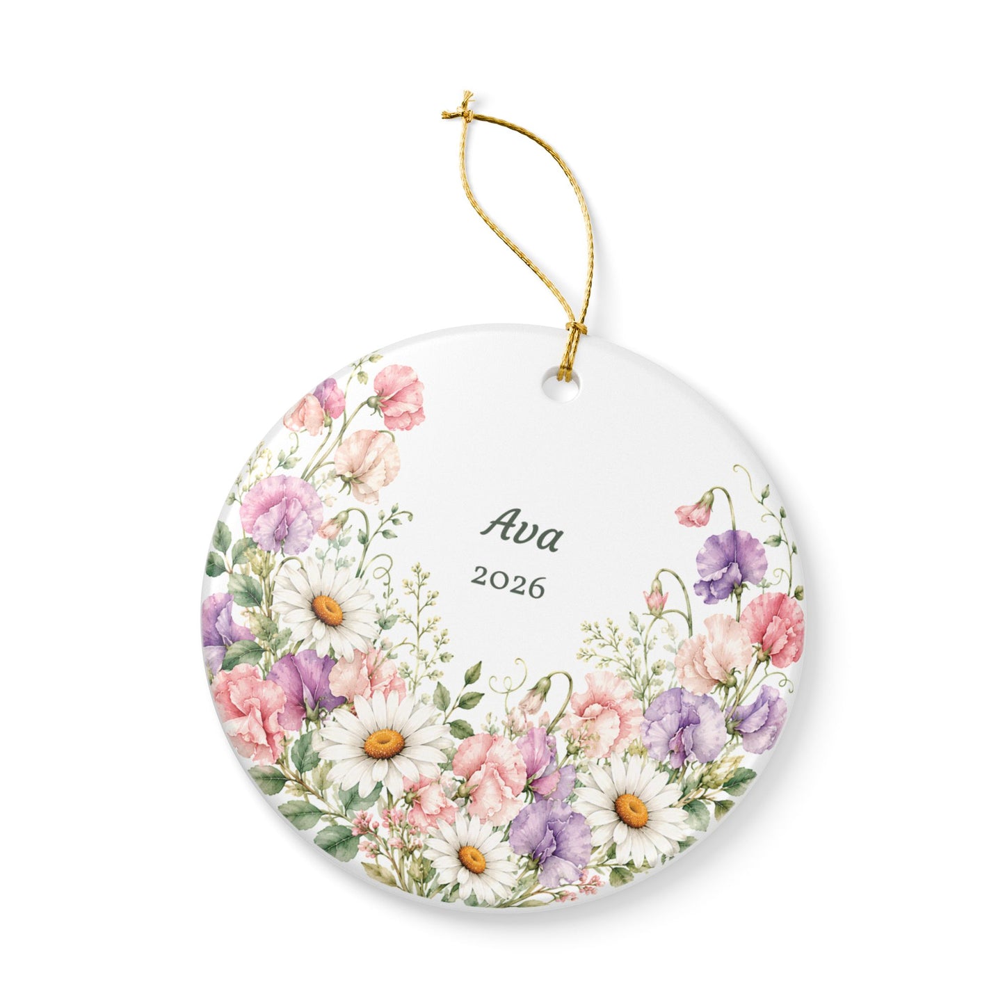 Personalized Floral Ceramic Ornament – Custom Name & Year (Daisy & Wildflower Design)
