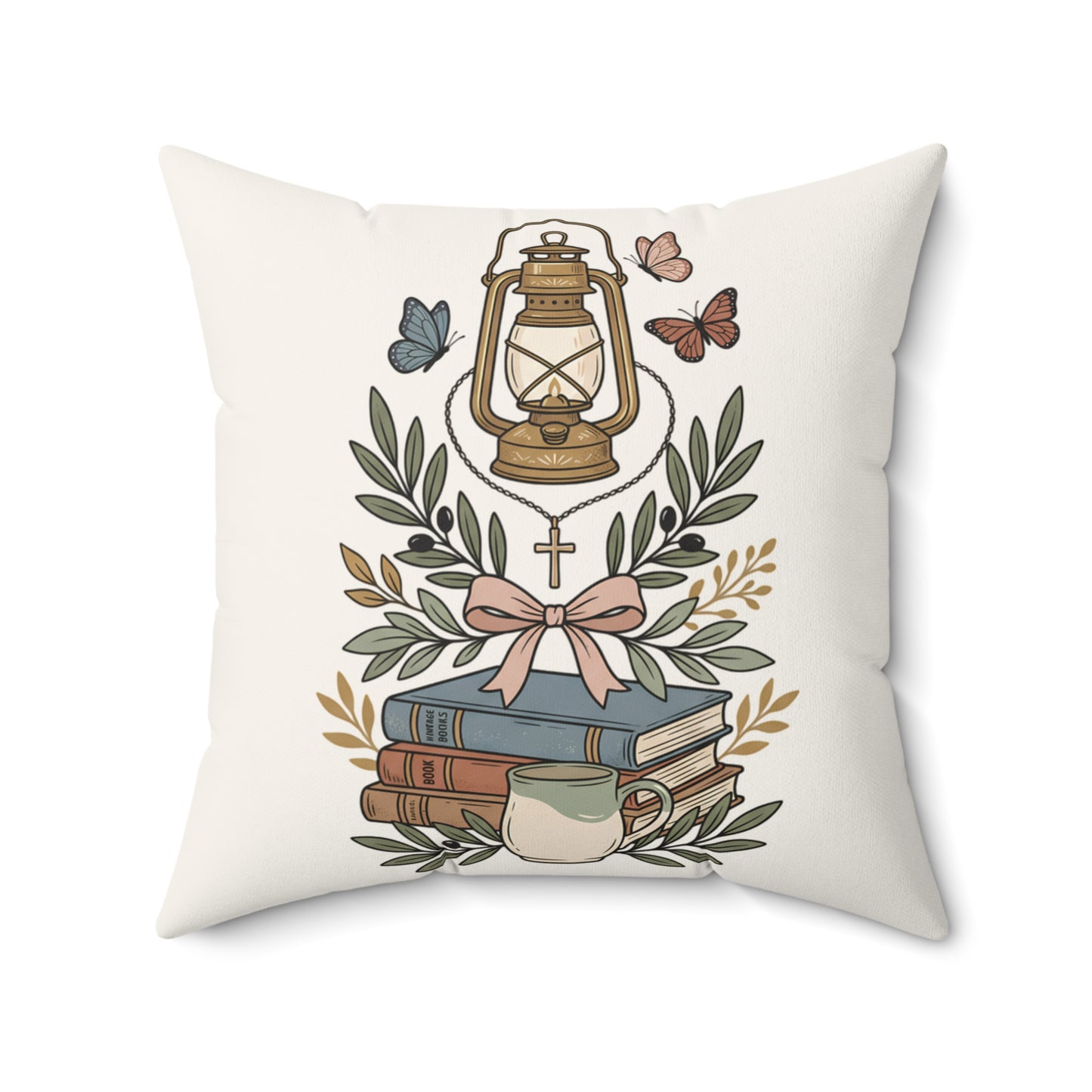 Christian Floral Lantern Pillow — Faith Cross Decorative Throw Pillow