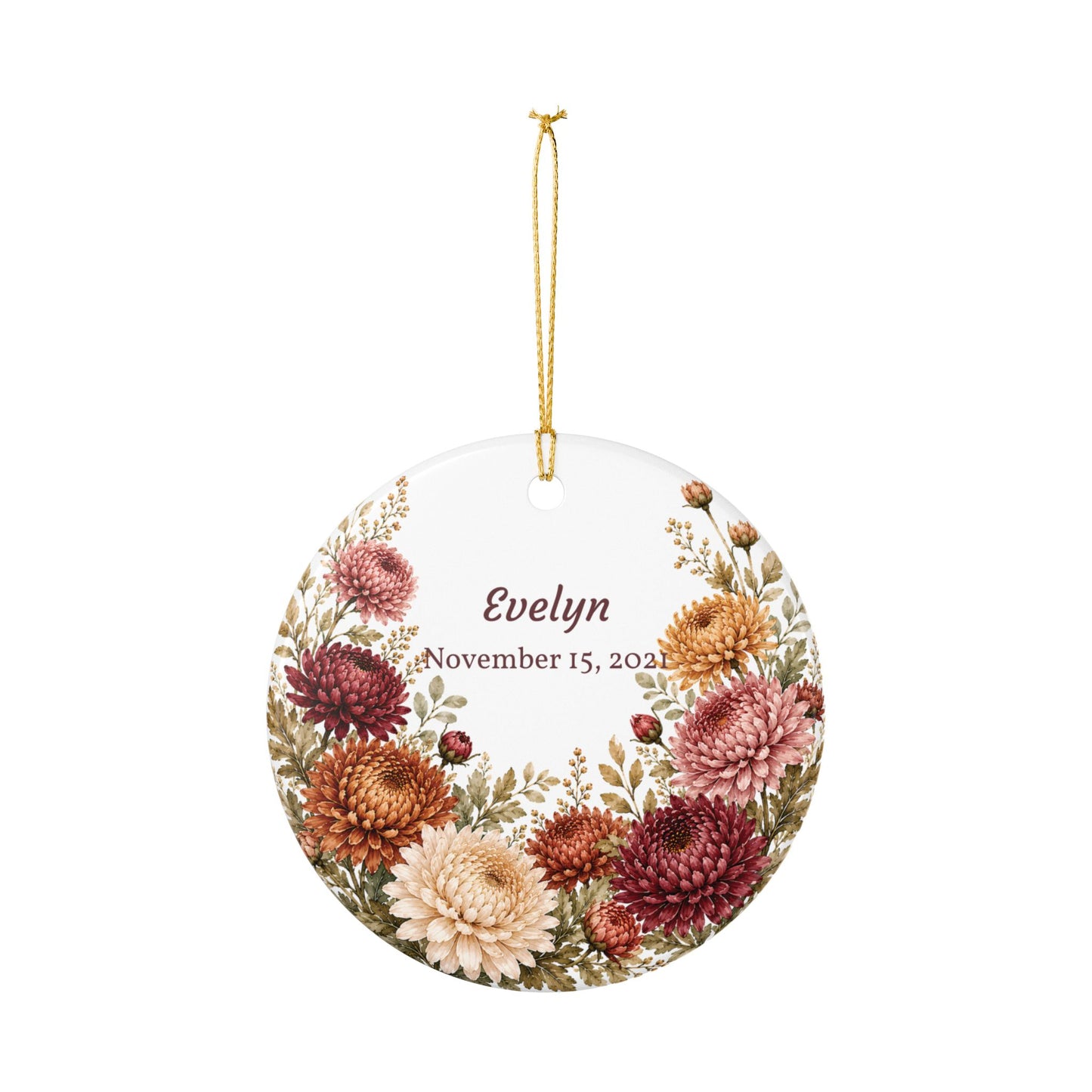 Personalized Floral Ceramic Ornament — Custom Name & Date Autumn Chrysanthemums