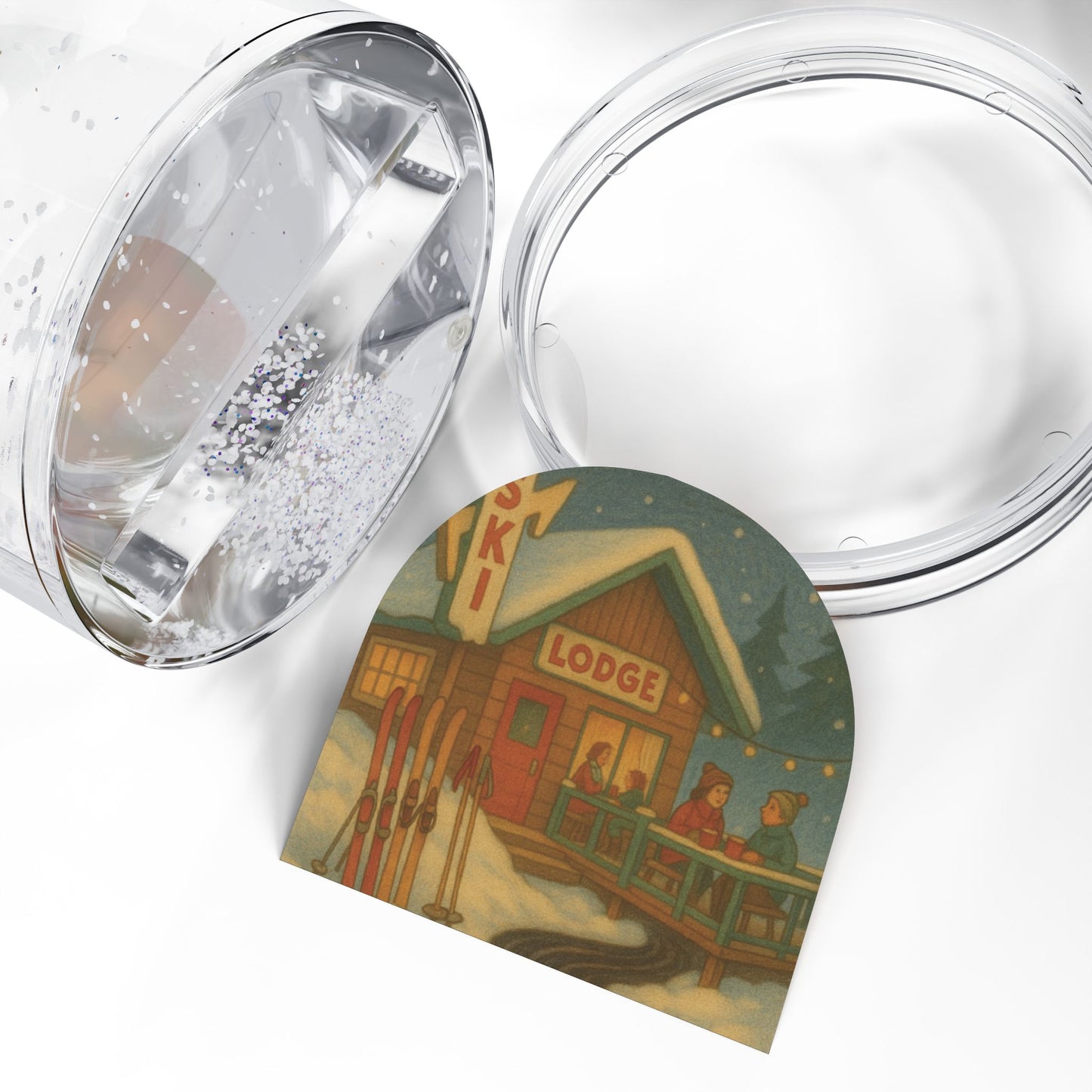 Retro Ski Lodge Snow Globe – Cozy Winter Cabin Scene with Glitter Snow