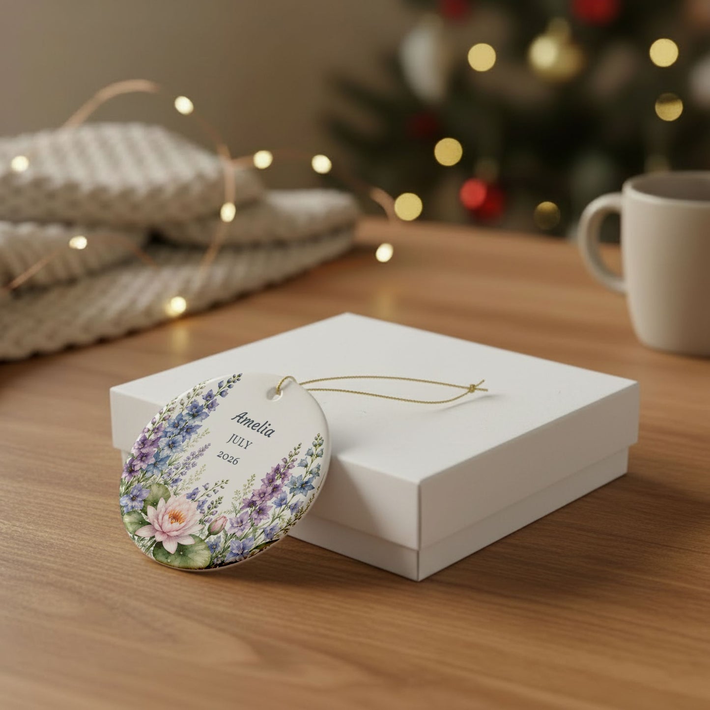 Personalized Floral Ceramic Ornament — Custom Name & Year (Amelia JULY 2026)
