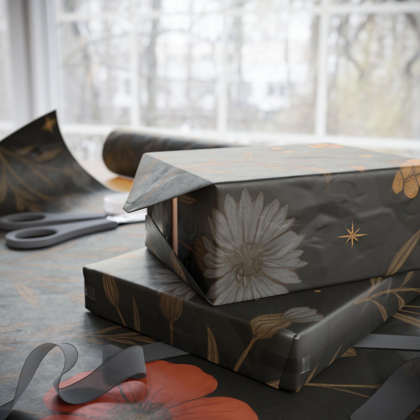 Moody Wildflower Wrapping Paper – Vintage Floral on Black Background