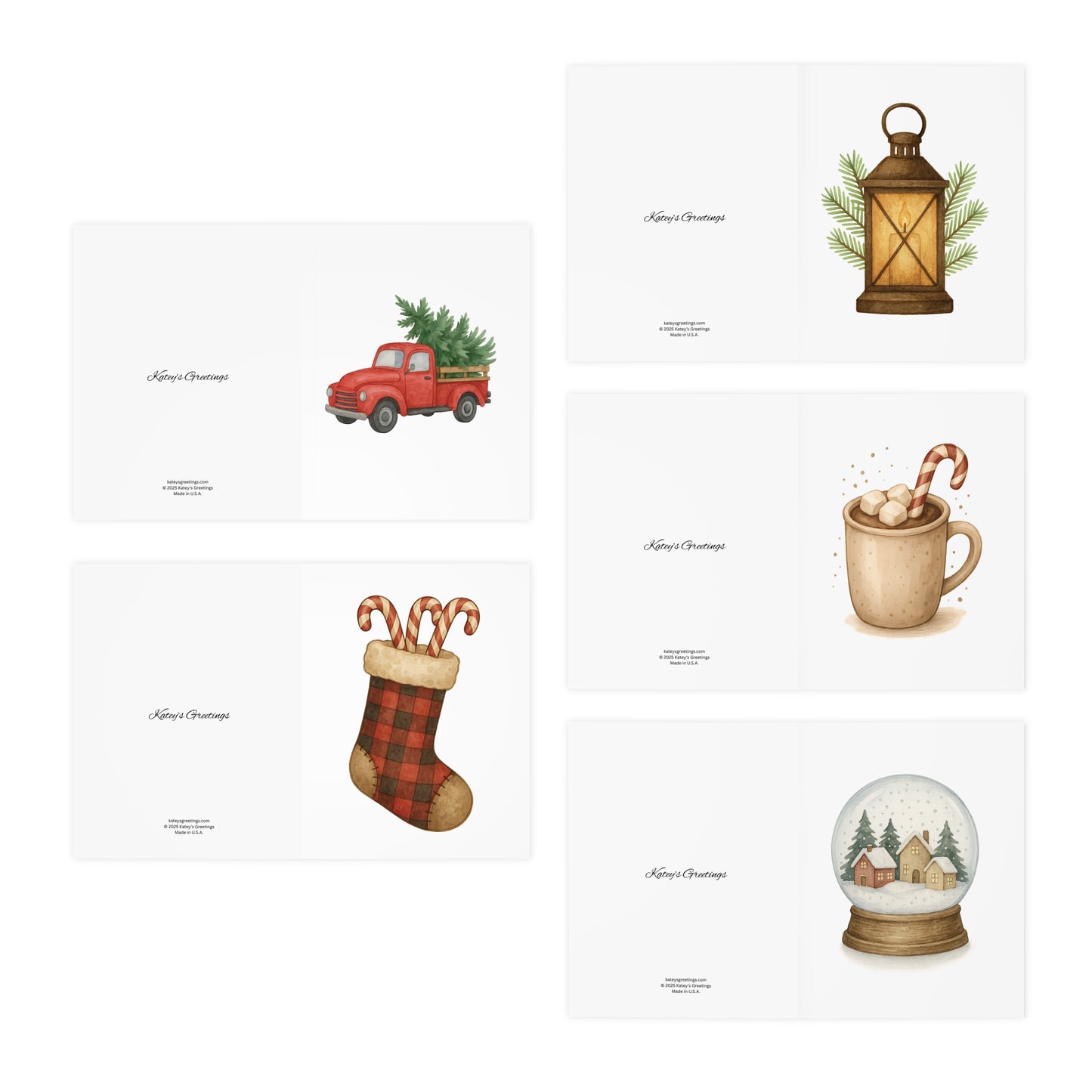 Rustic Christmas Greeting Card Set – 5 Blank Holiday Cards with Envelopes