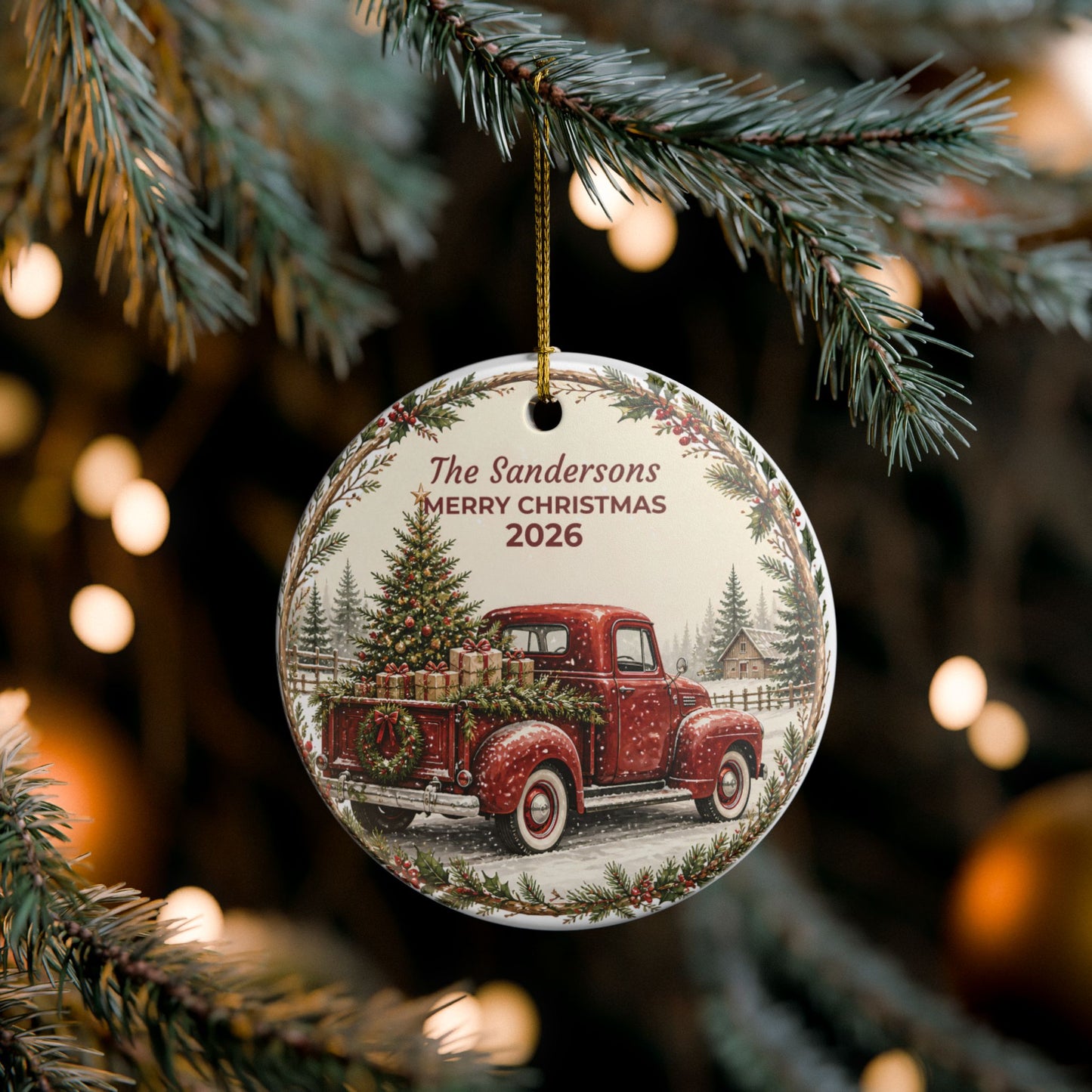 Personalized Ceramic Christmas Ornament — Vintage Red Truck "The Sandersons Merry Christmas"