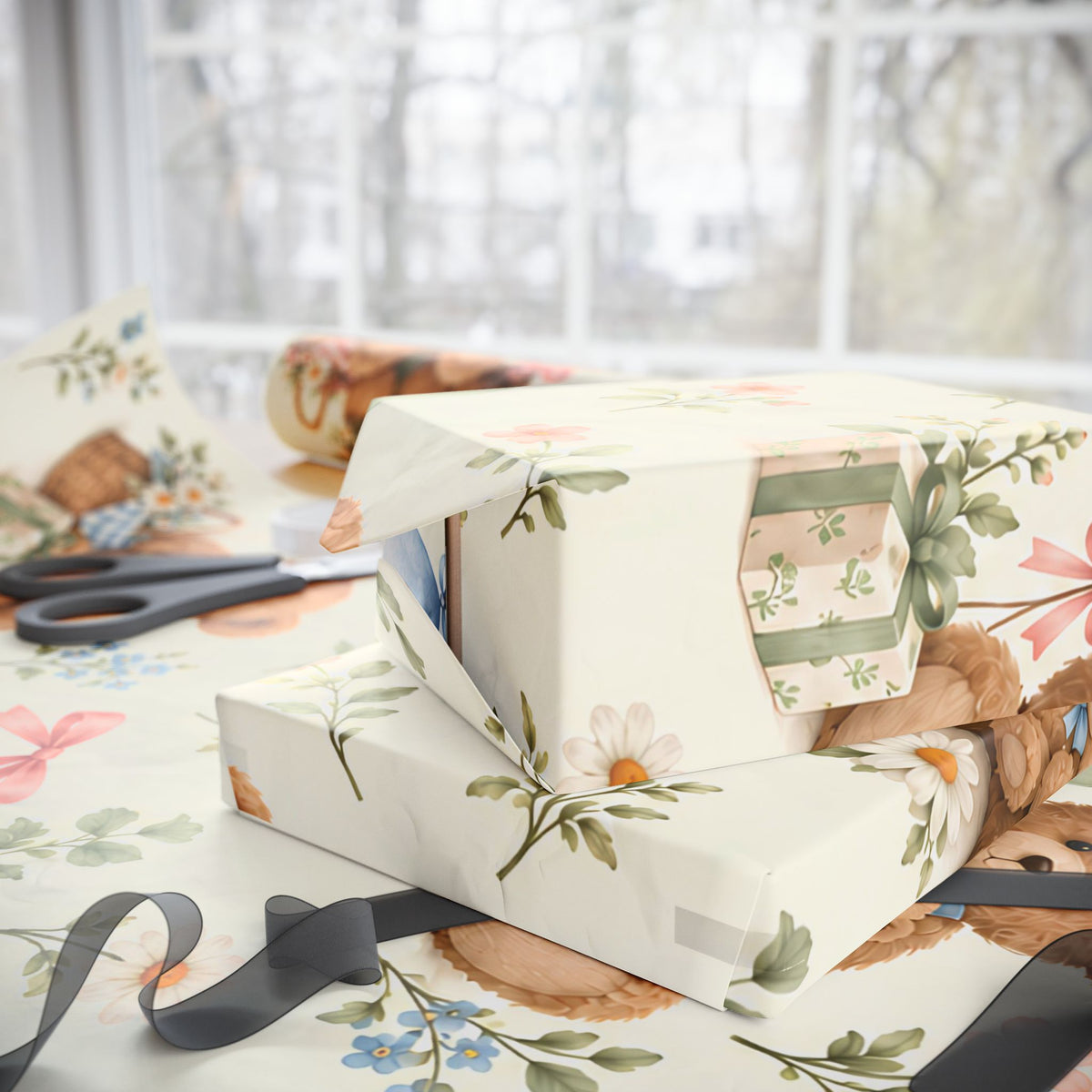 Teddy Bear Floral Wrapping Paper Roll — Vintage Baby Shower & Newborn Gift Wrap
