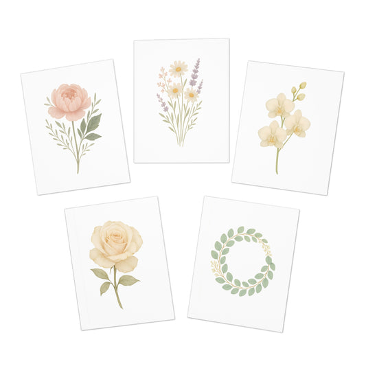 Neutral Floral Greeting Card Set – 5 Blank Botanical Note Cards with Envelopes