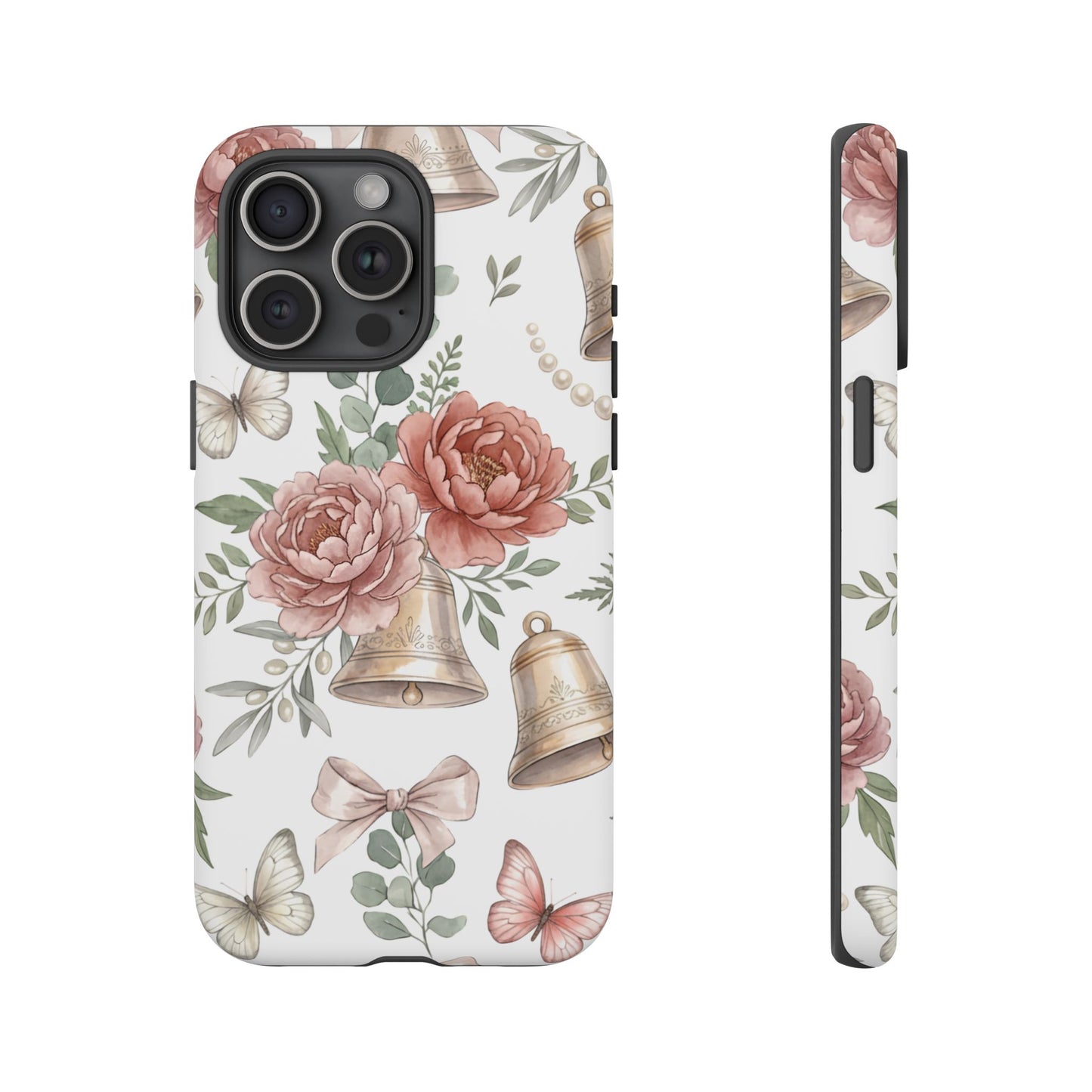 Floral Wedding Bells Phone Case — Vintage Roses, Butterflies & Bow Protective Tough Case