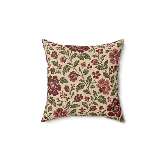 Vintage Floral Decorative Pillow - Burgundy & Sage Botanical Throw Cushion