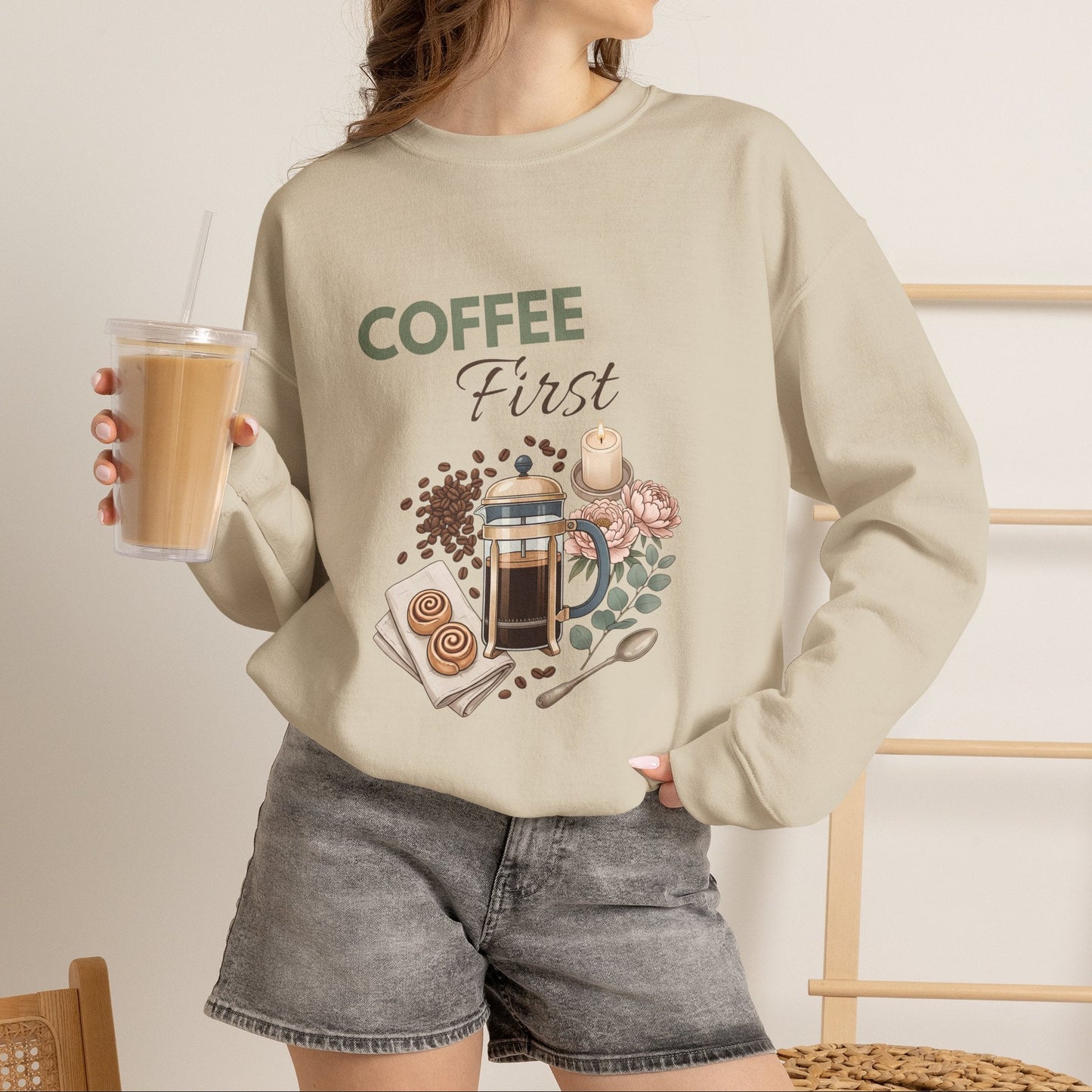 Coffee First Sweatshirt — Cozy Café Graphic Crewneck for Coffee Lovers
