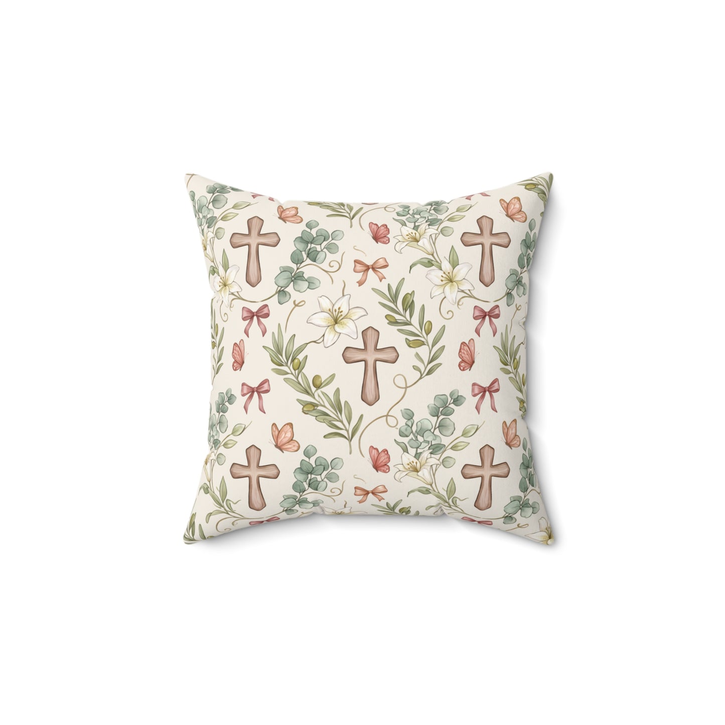 Easter Floral Cross Decorative Pillow — Religious Spring Throw Pillow