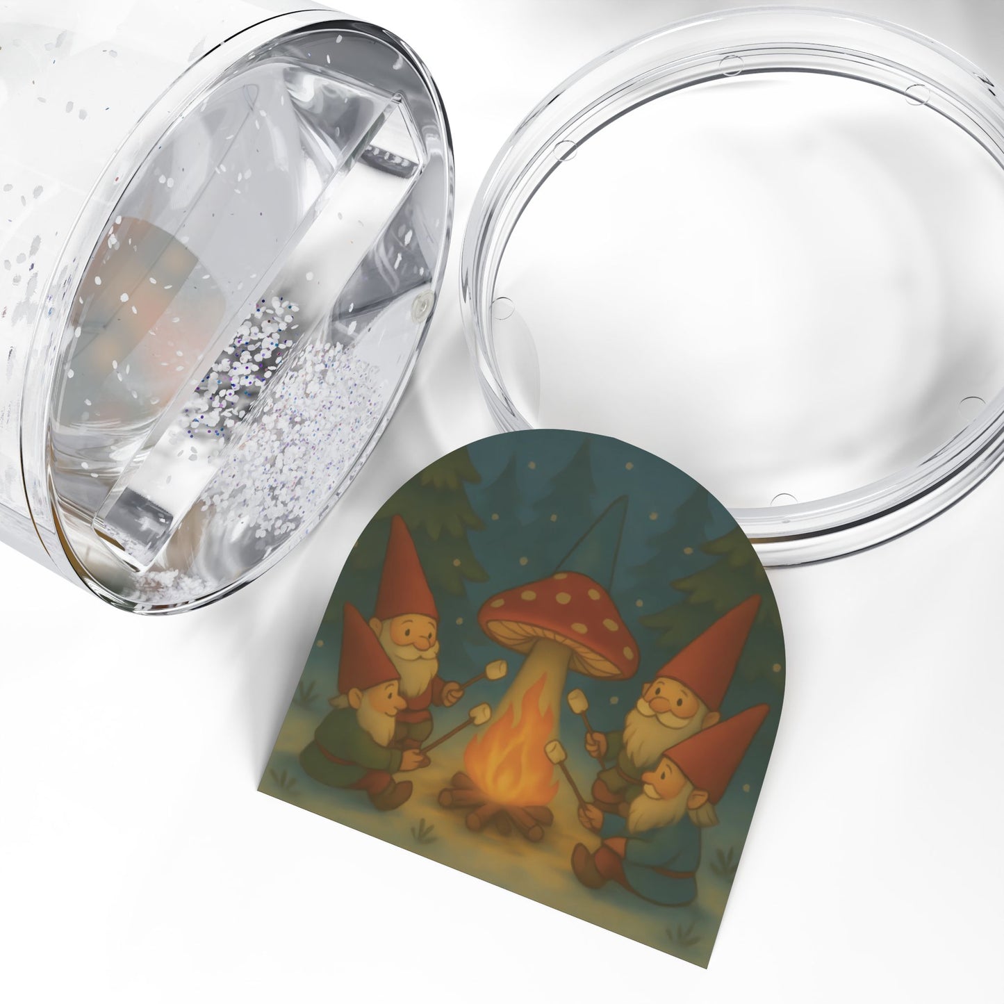 Whimsical Gnome Campfire Snow Globe – Toadstool & Marshmallow Forest Scene