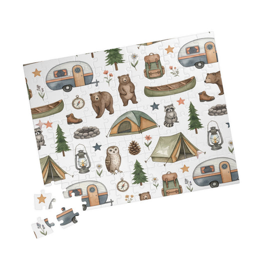 Camping Pattern Jigsaw Puzzle — Woodland Adventure (110–252 pcs)