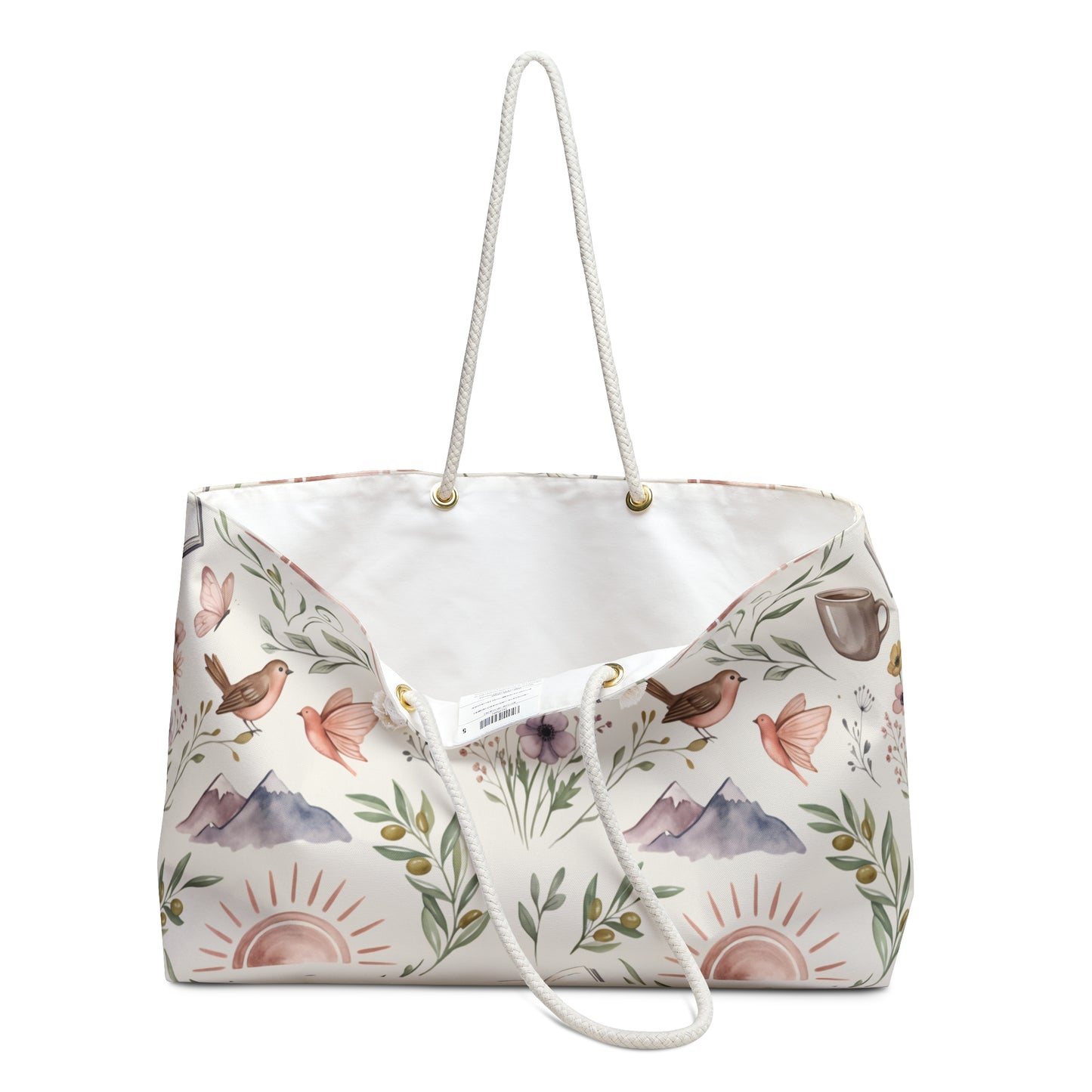 Boho Morning Weekender Bag — Floral Birds, Mountains & Coffee Pattern