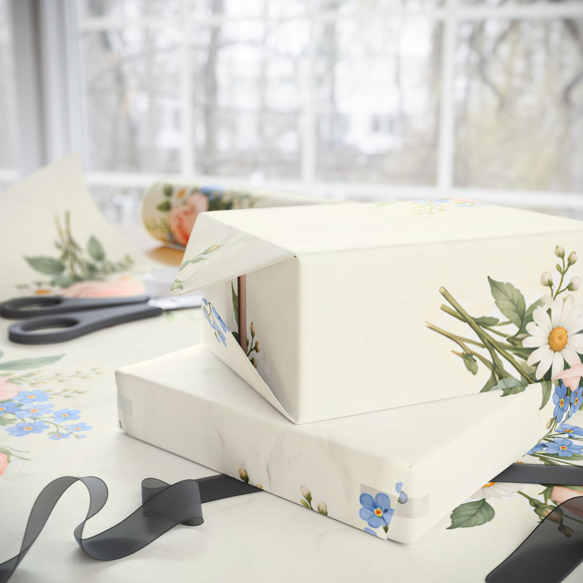 Floral Vintage Wrapping Paper Roll — Soft Cream Peony & Wildflower Gift Wrap