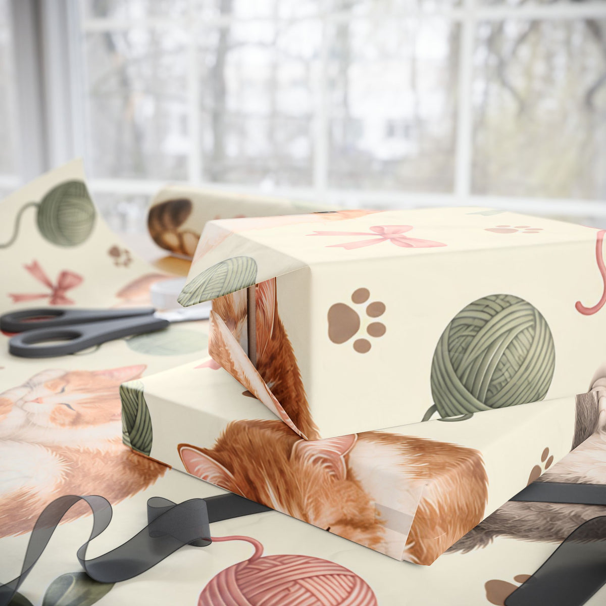 Cat & Yarn Pattern Wrapping Paper Roll — Cute Kitty Gift Wrap for Pet Lovers
