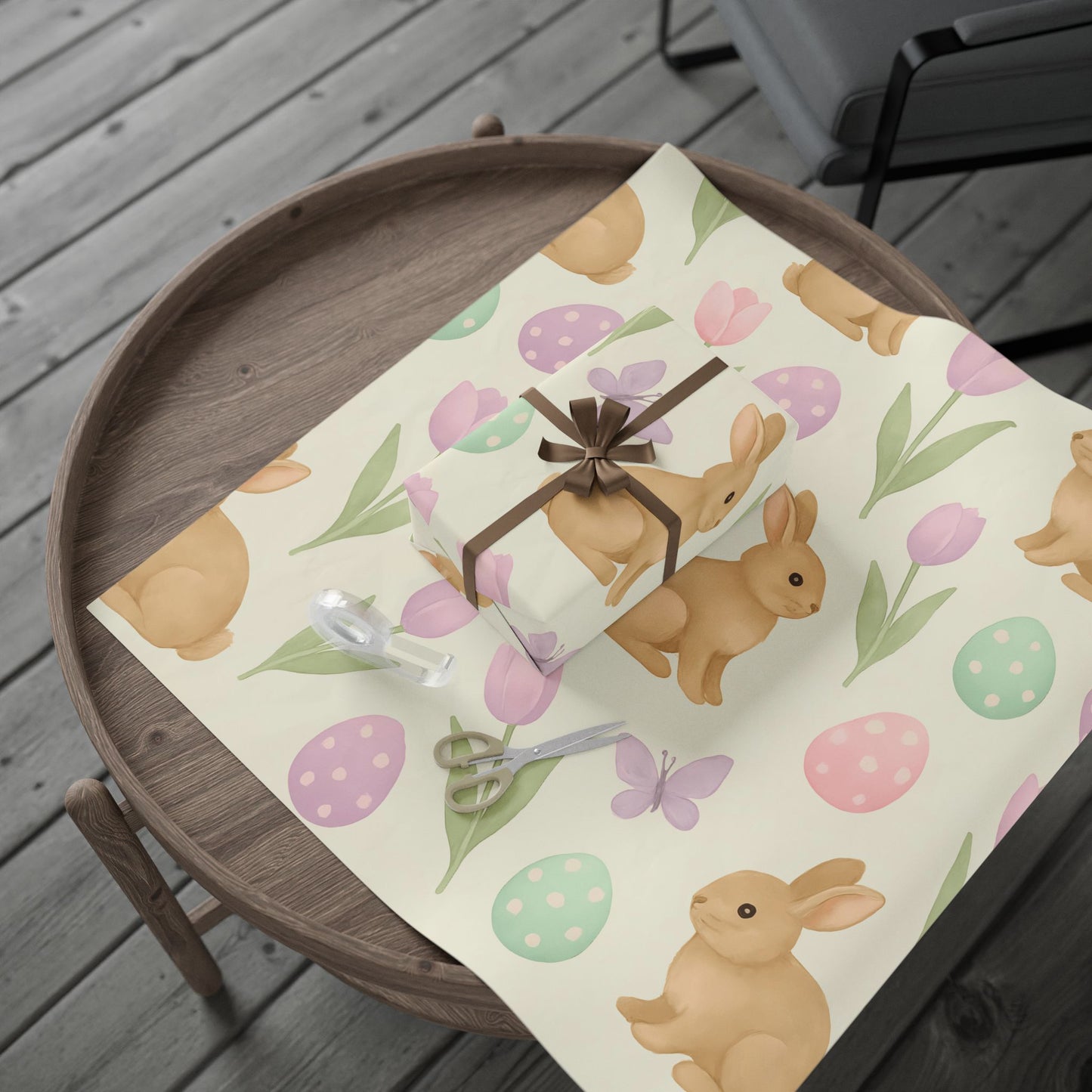 Pastel Easter Wrapping Paper – Bunnies, Eggs, Tulips & Butterflies on Cream Background
