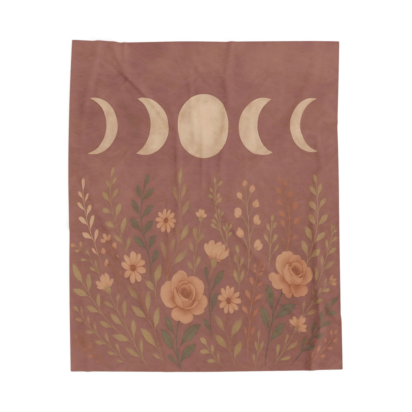 Moon Phases & Wildflowers Velveteen Plush Blanket – Boho Floral Throw for Cozy Nights