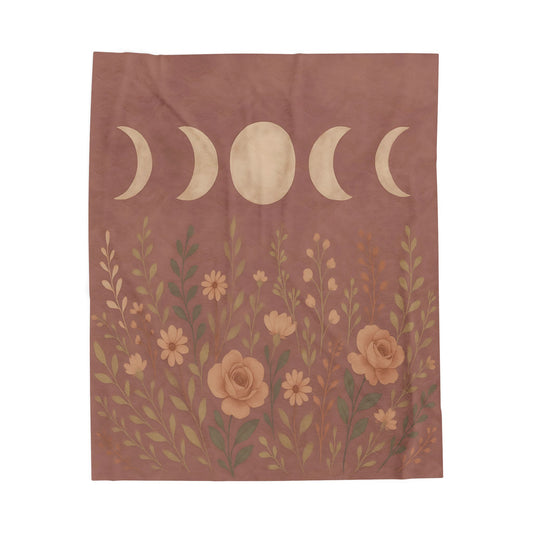 Moon Phases & Wildflowers Velveteen Plush Blanket – Boho Floral Throw for Cozy Nights