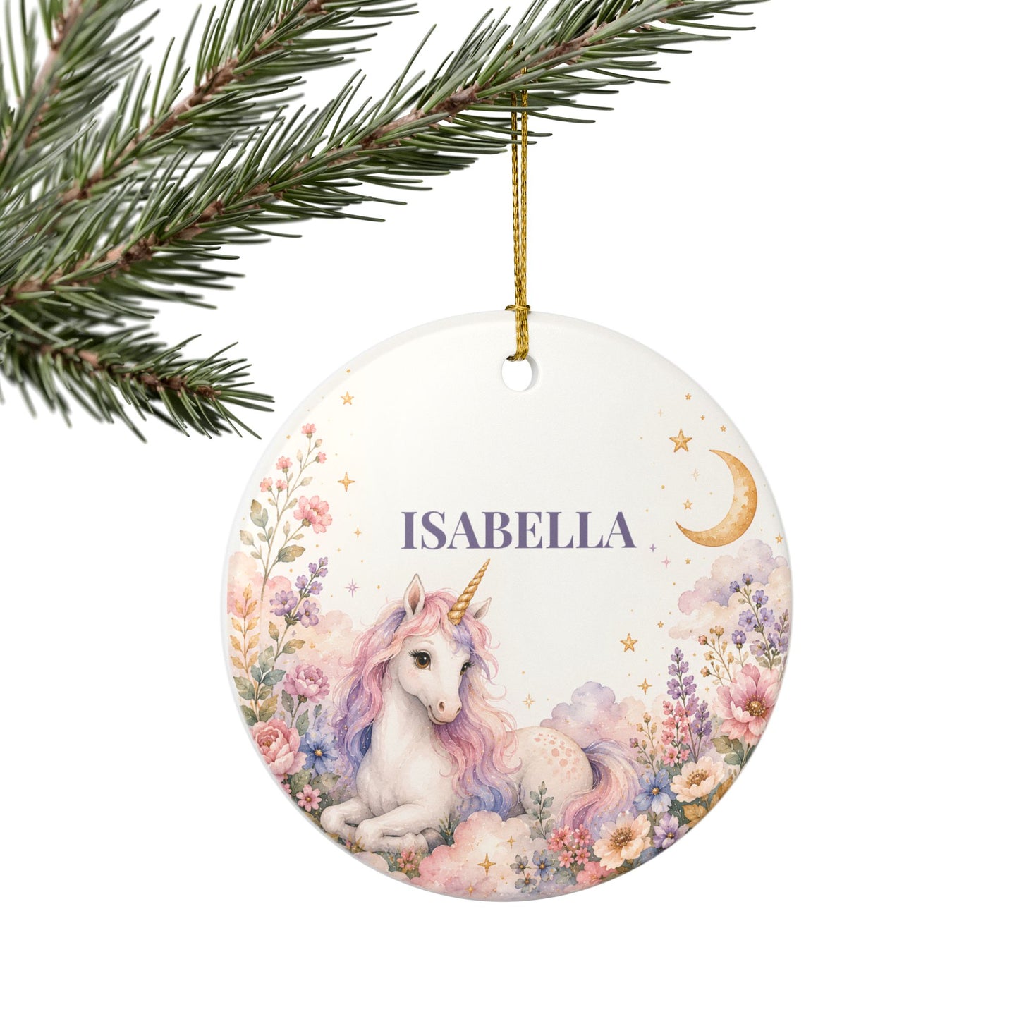 Personalized Unicorn Ornament — Ceramic Name Decoration (Isabella)