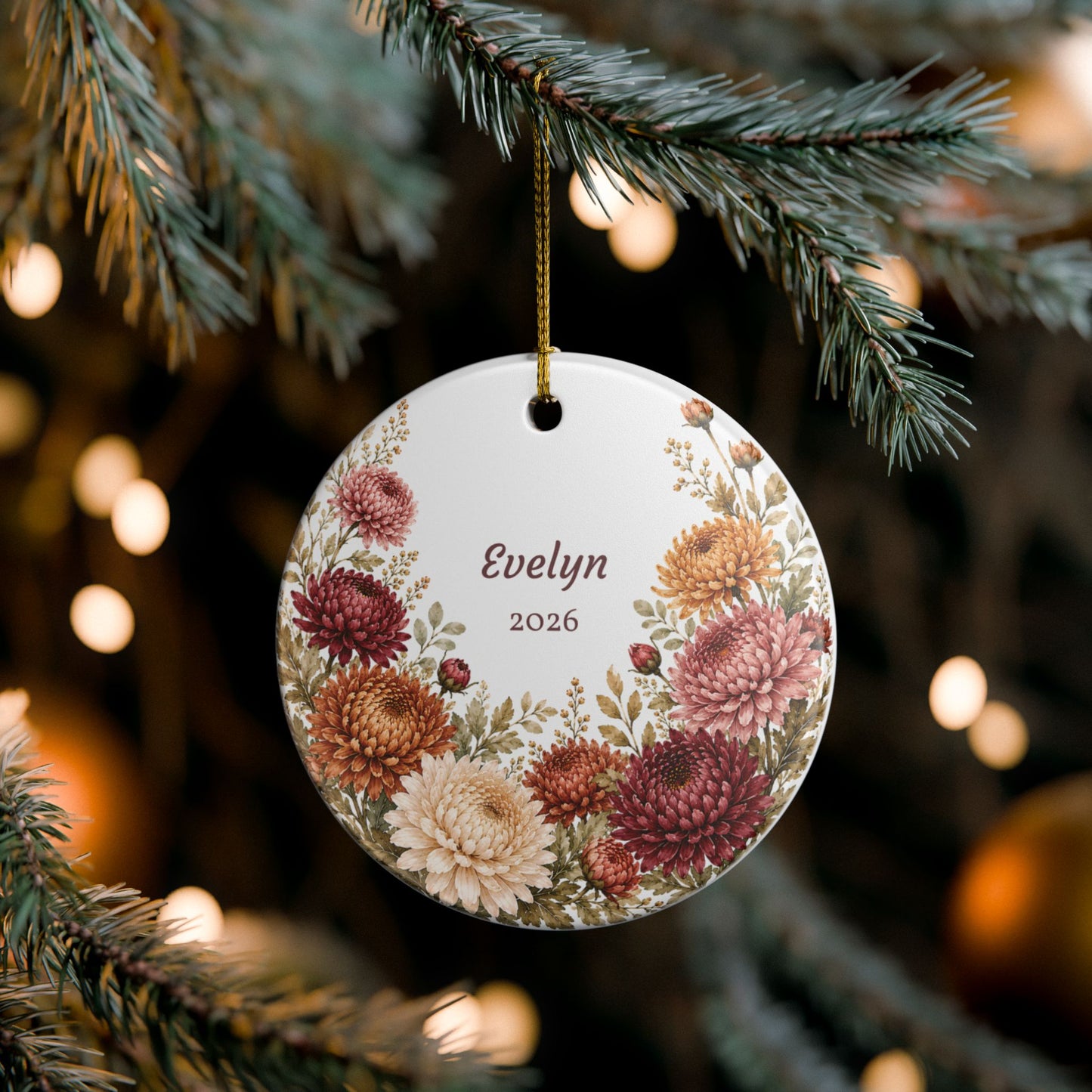 Personalized Floral Ceramic Ornament — Custom Name & Year (Evelyn 2026)